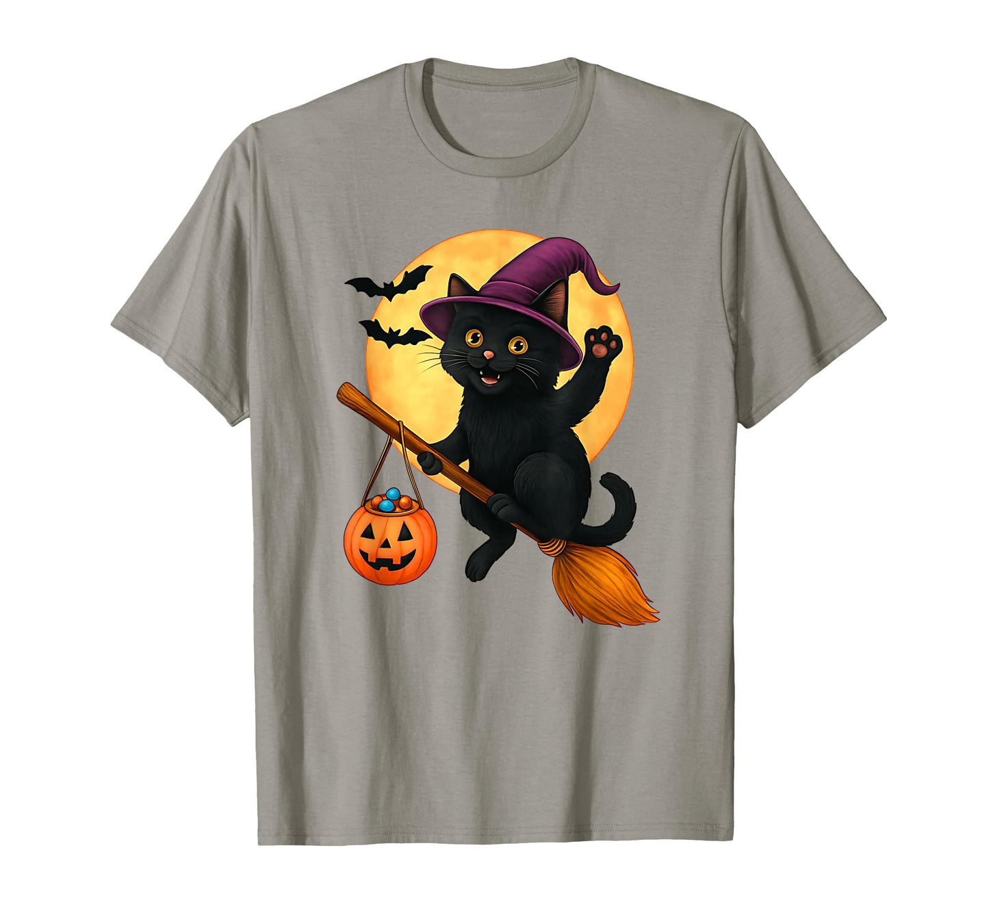Black Cat Witch Hat Pumpkin Halloween Costume Men Women Kids T-Shirt