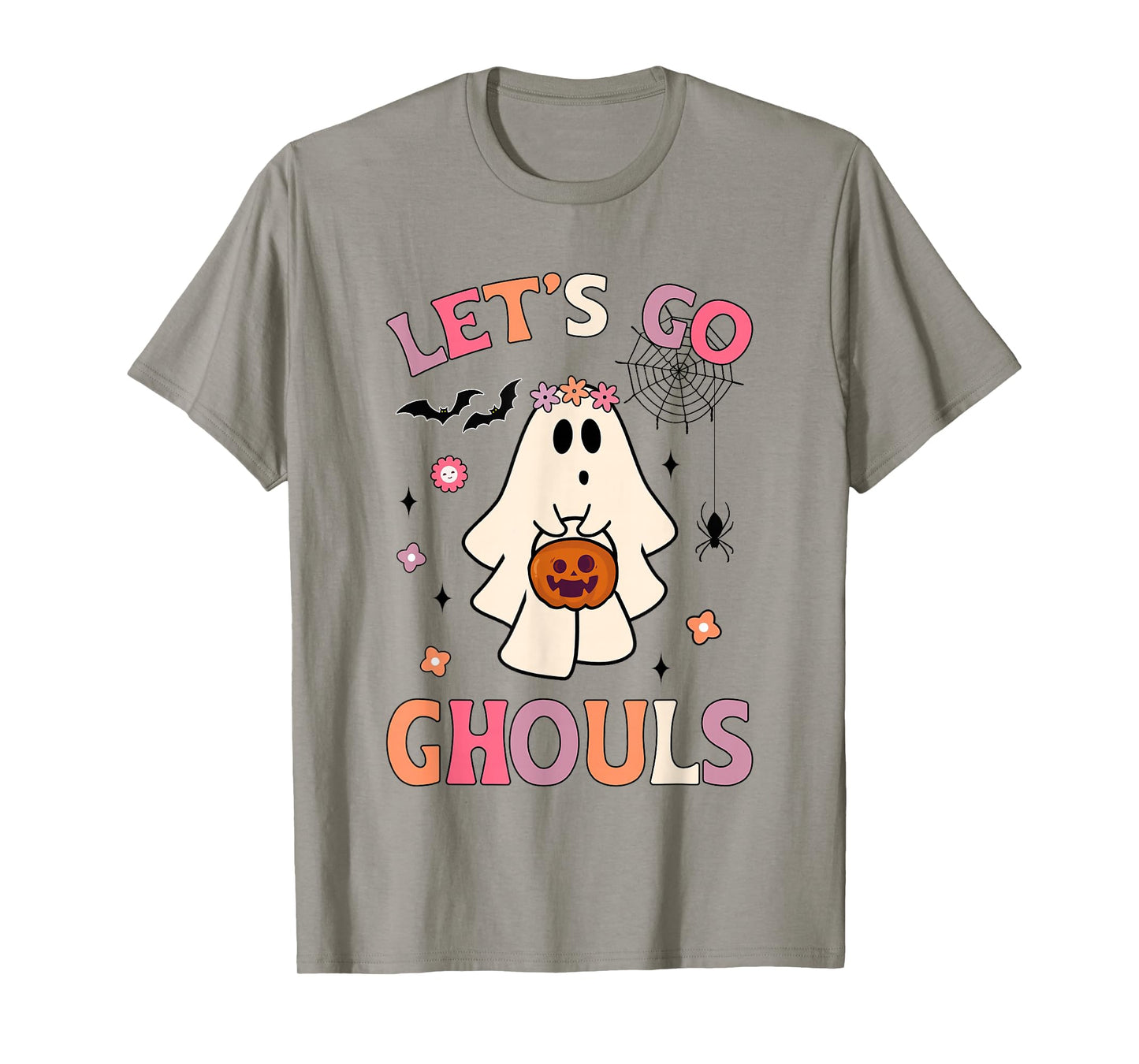 Halloween Ghost Holding Pumpkin Let's Go Ghouls Retro Groovy T-Shirt