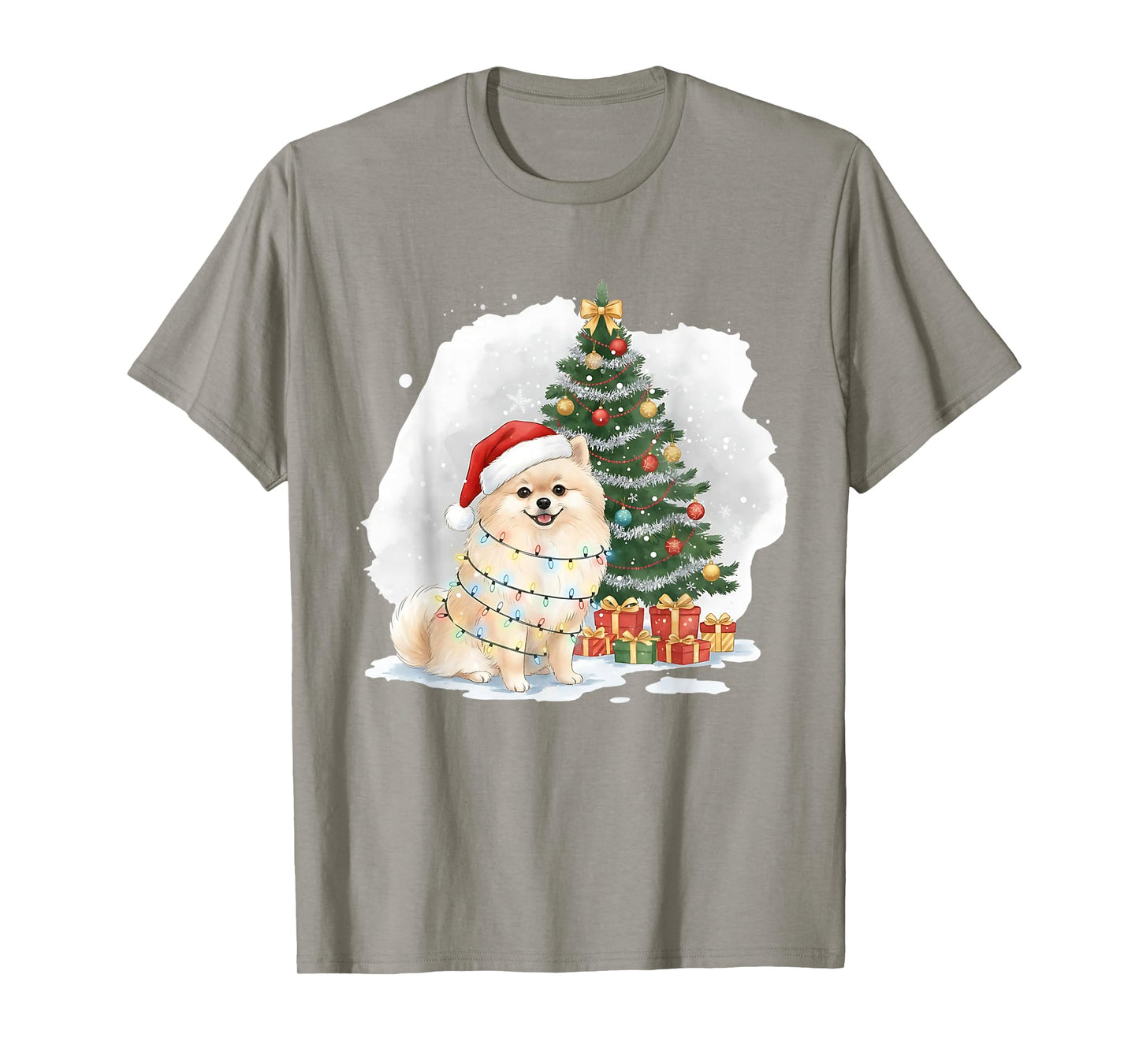 Cute Santa Pomeranian Dog Tangled in Christmas Lights Winter T-Shirt