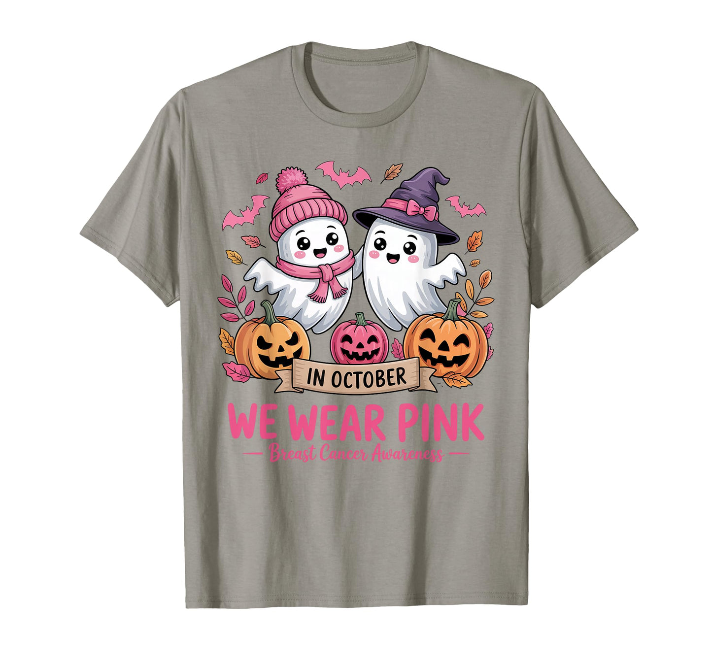 in October We Wear Pink Ghost Witch Breast Cancer Awareness T-Shirt