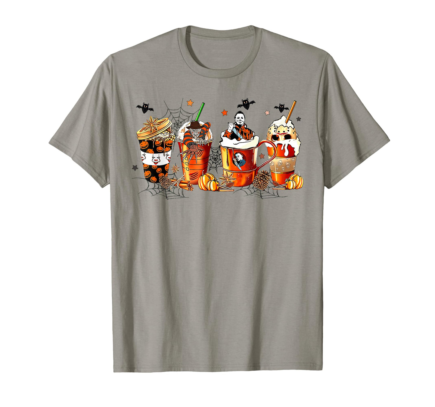 Vintage Halloween Horror Latte Coffee Cups Ghost Skeleton T-Shirt