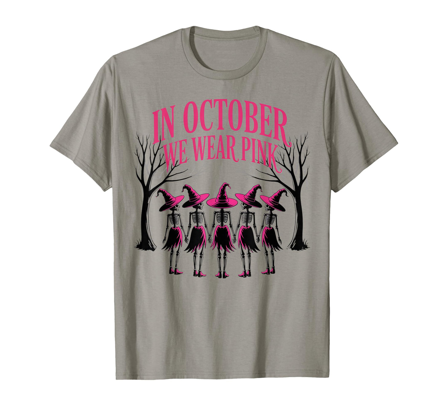 in October We Wear Pink Witch Skeleton Breast Cancer Squad T-Shirt