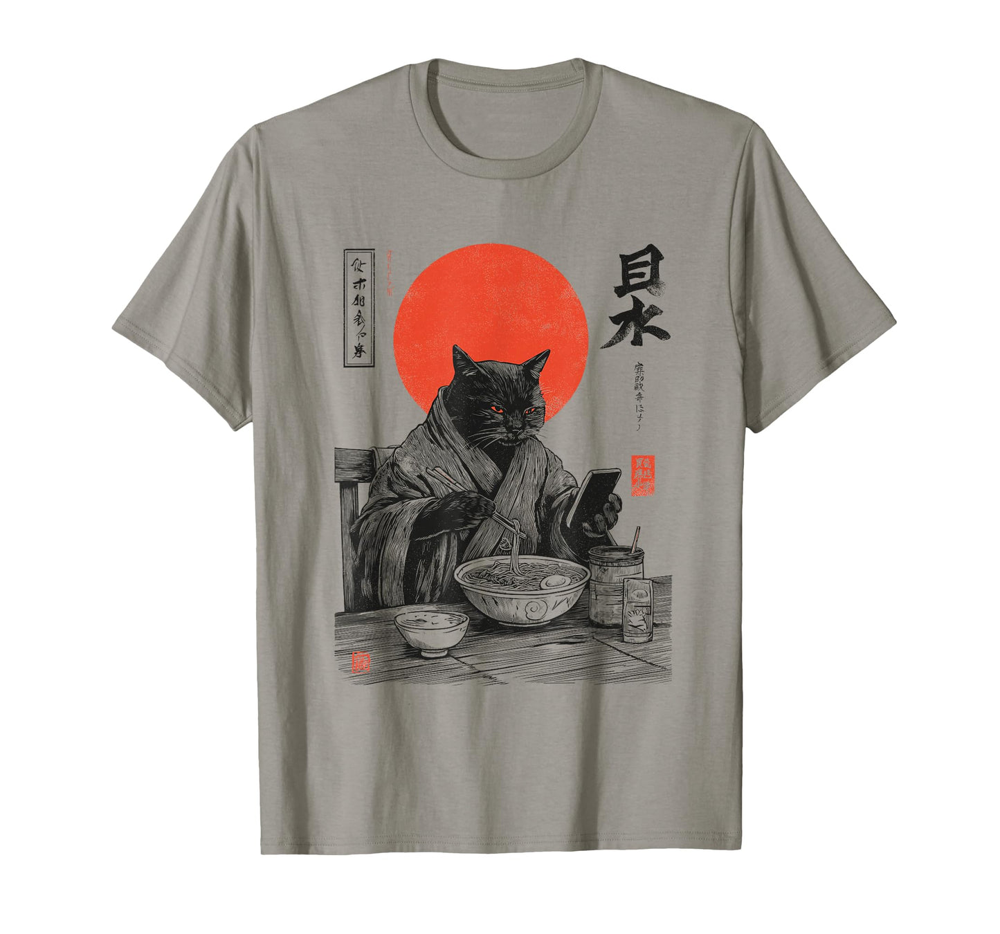 Samurai Cat Eat Ramen Scroll Phone Japanese Food Humor Art T-Shirt