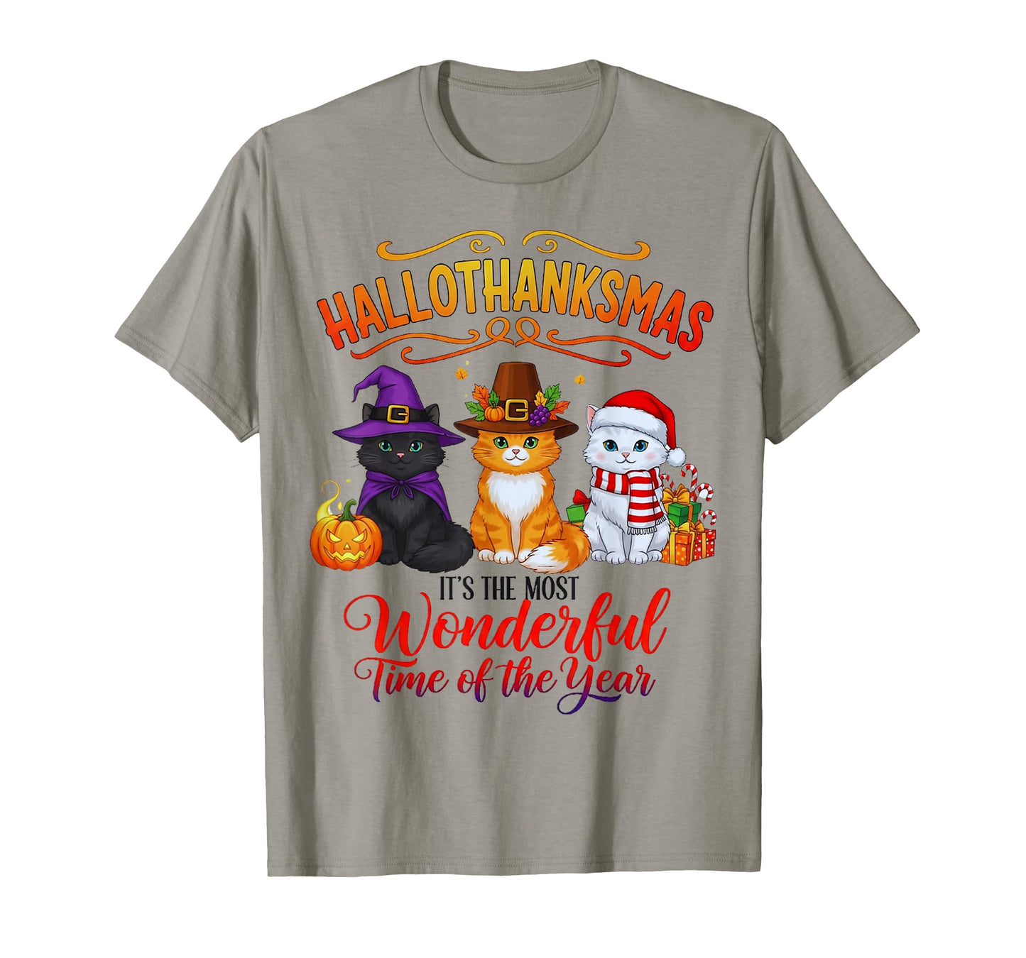Hallothanksmas Cats Funny Holiday Halloween Xmas Tee T-Shirt