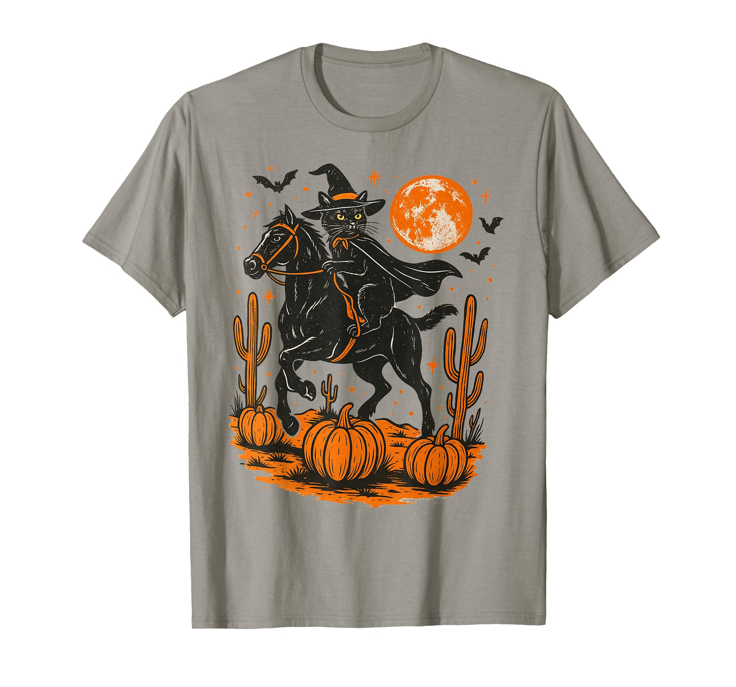 Witch Black Cat Riding Horse Halloween Pumpkin Moon Western T-Shirt