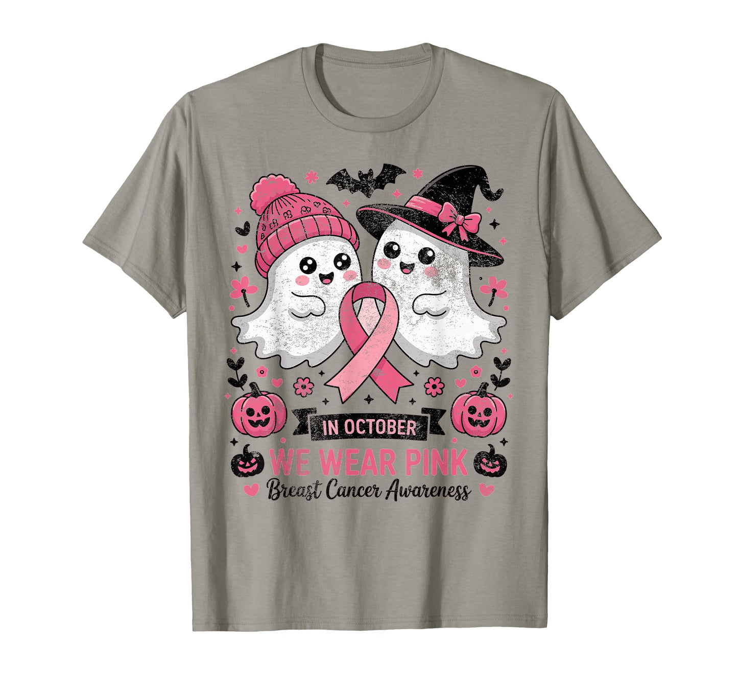 in October We Wear Pink Ghost Witch Breast Cancer Awareness T-Shirt