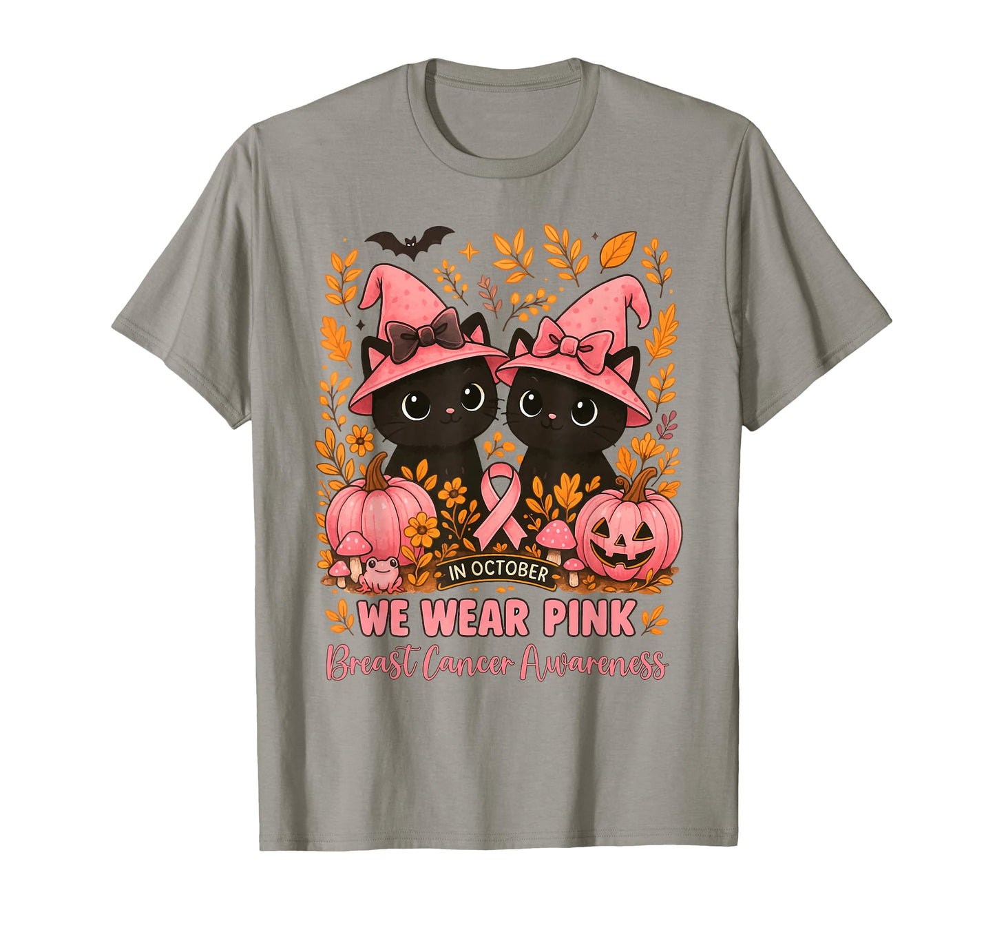 in October We Wear Pink Cats Witches Breast Cancer Awareness T-Shirt