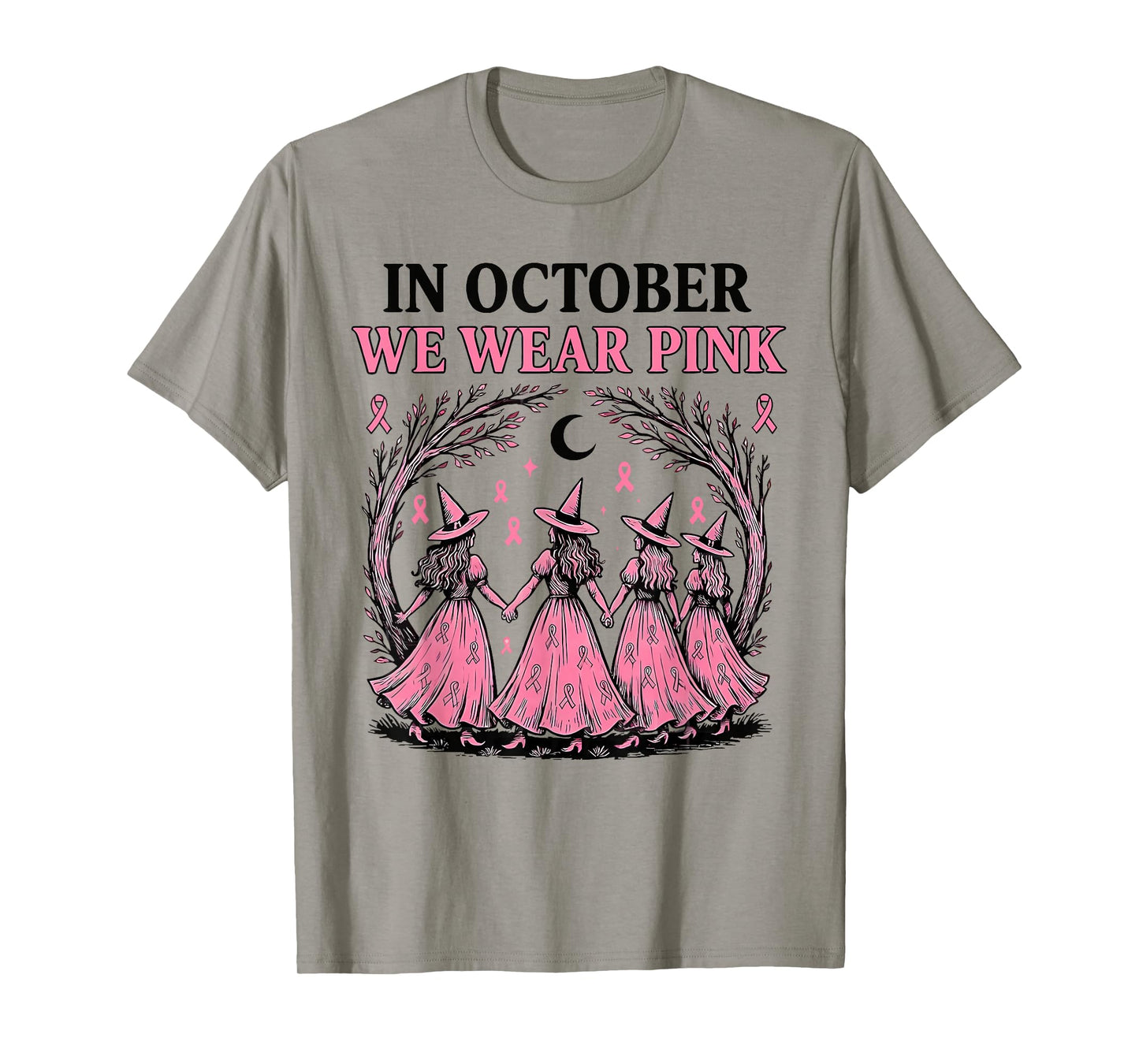 in October We Wear Pink Witch Halloween Breast Cancer T-Shirt