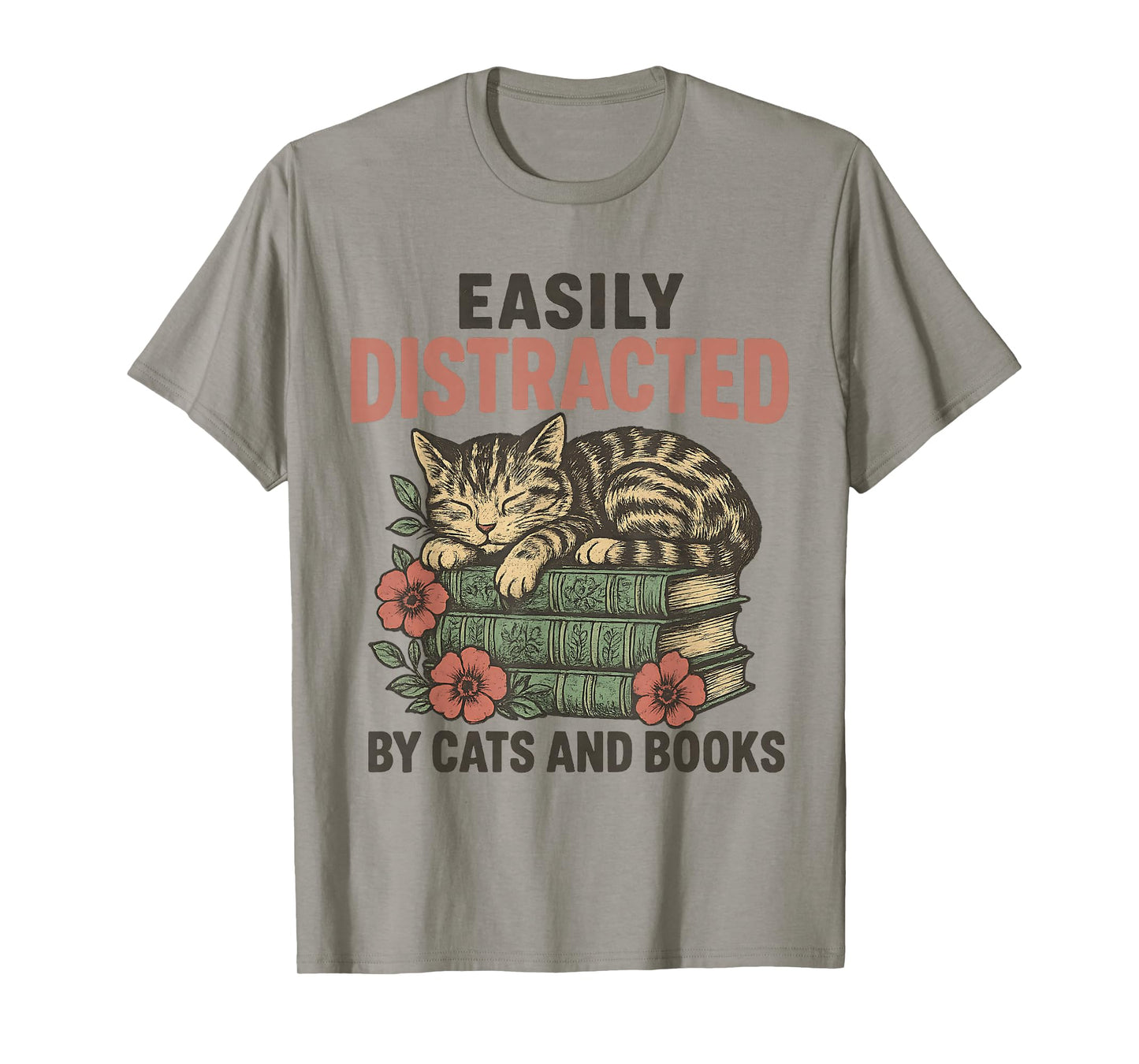 Easily Distracted By Cats and Books Funny Vintage T-Shirt