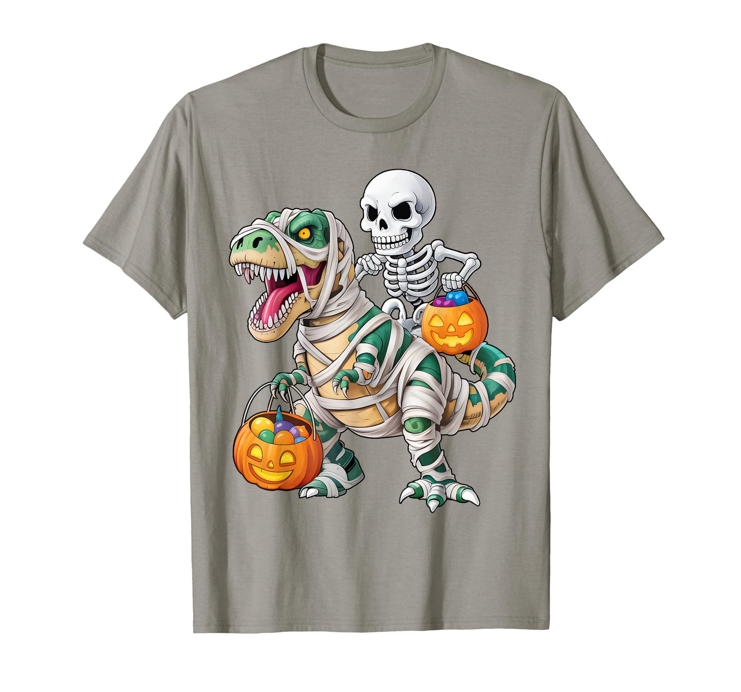 Skeleton Riding Mummy Dino Pumpkin Candy Halloween Costume T-Shirt