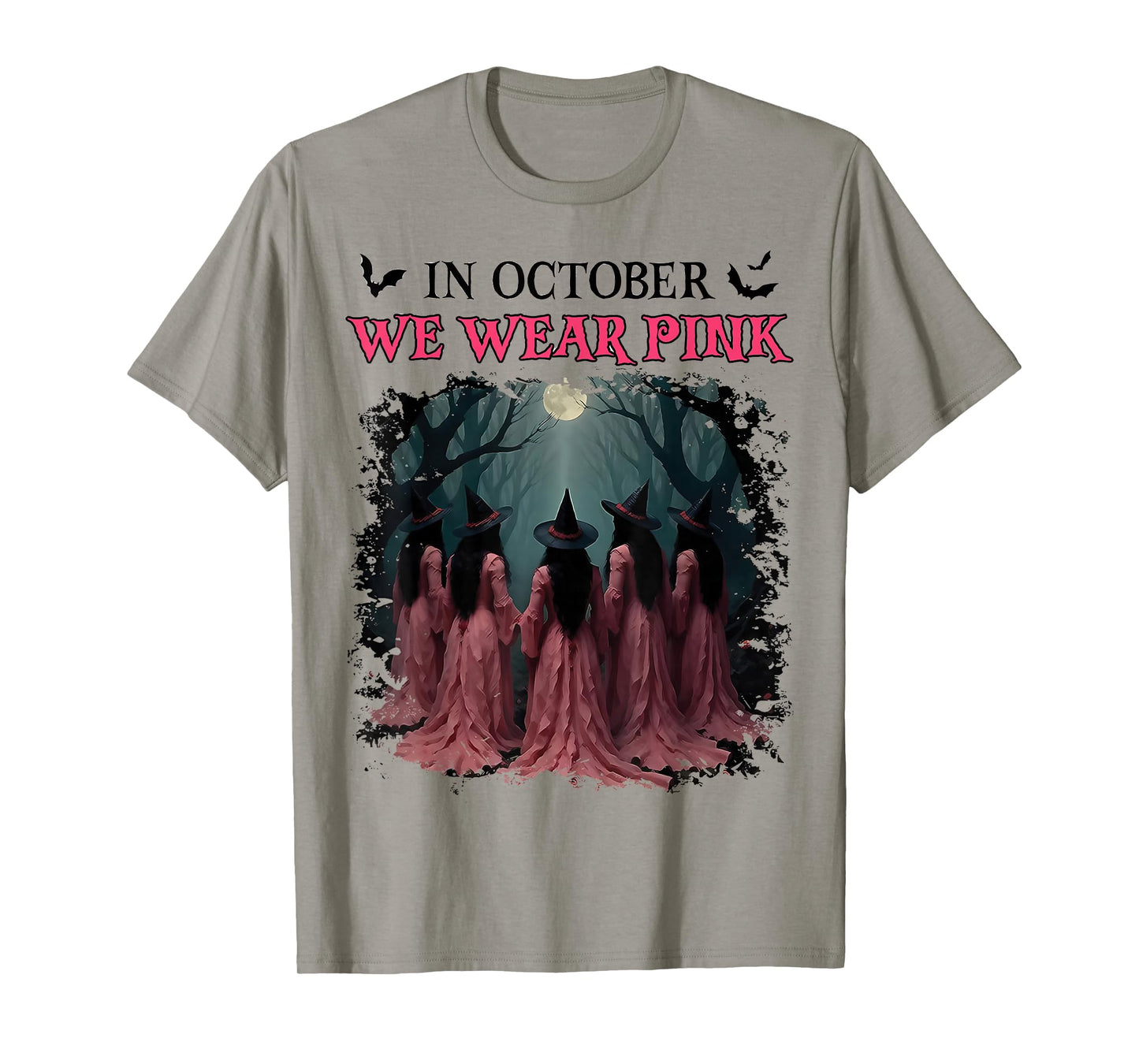 in October We Wear Pink Womens Ghost Witch Breast Cancer T-Shirt