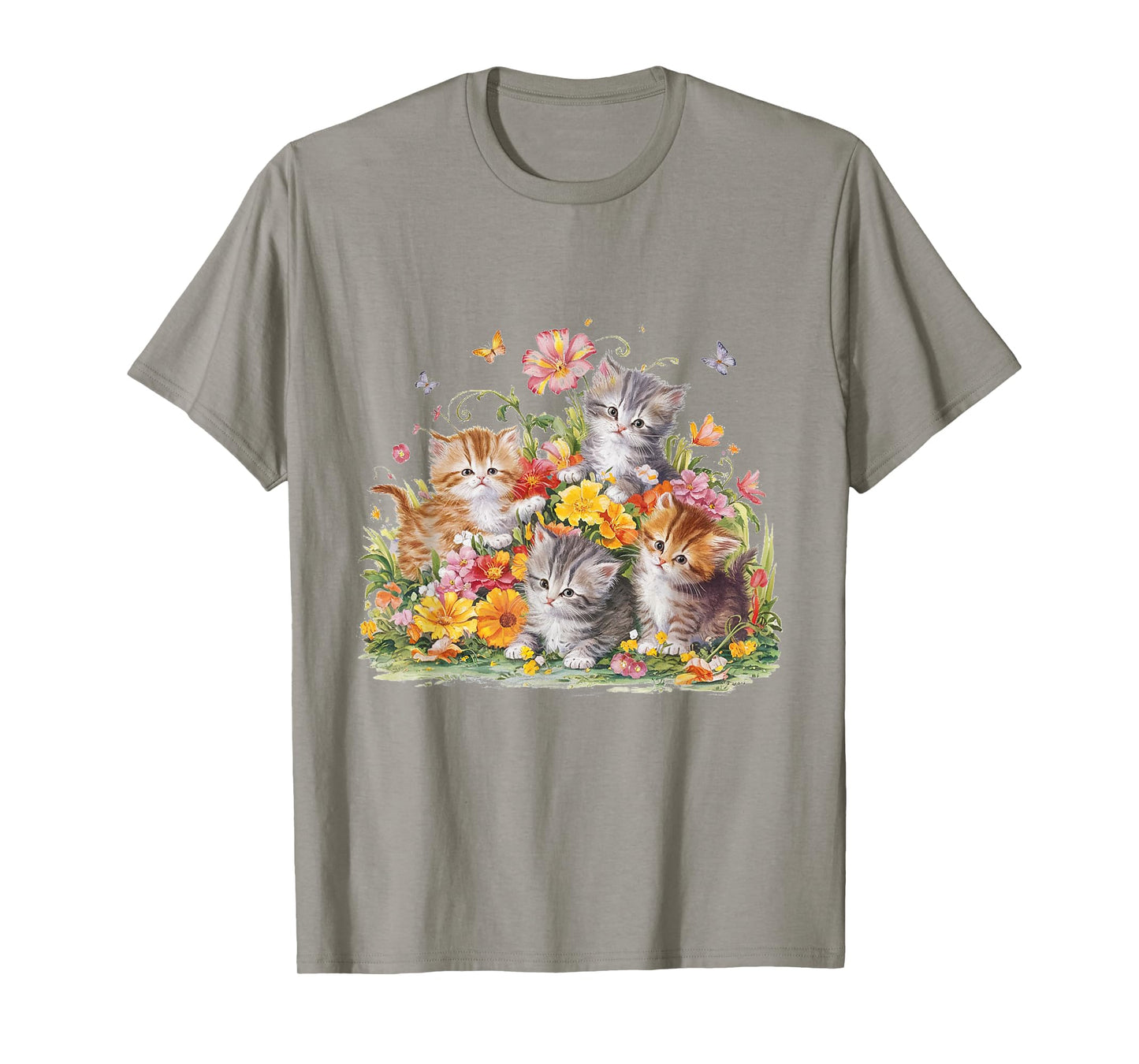 Floral Vintage Aesthetic Painted Kittens and Pressed Flower T-Shirt