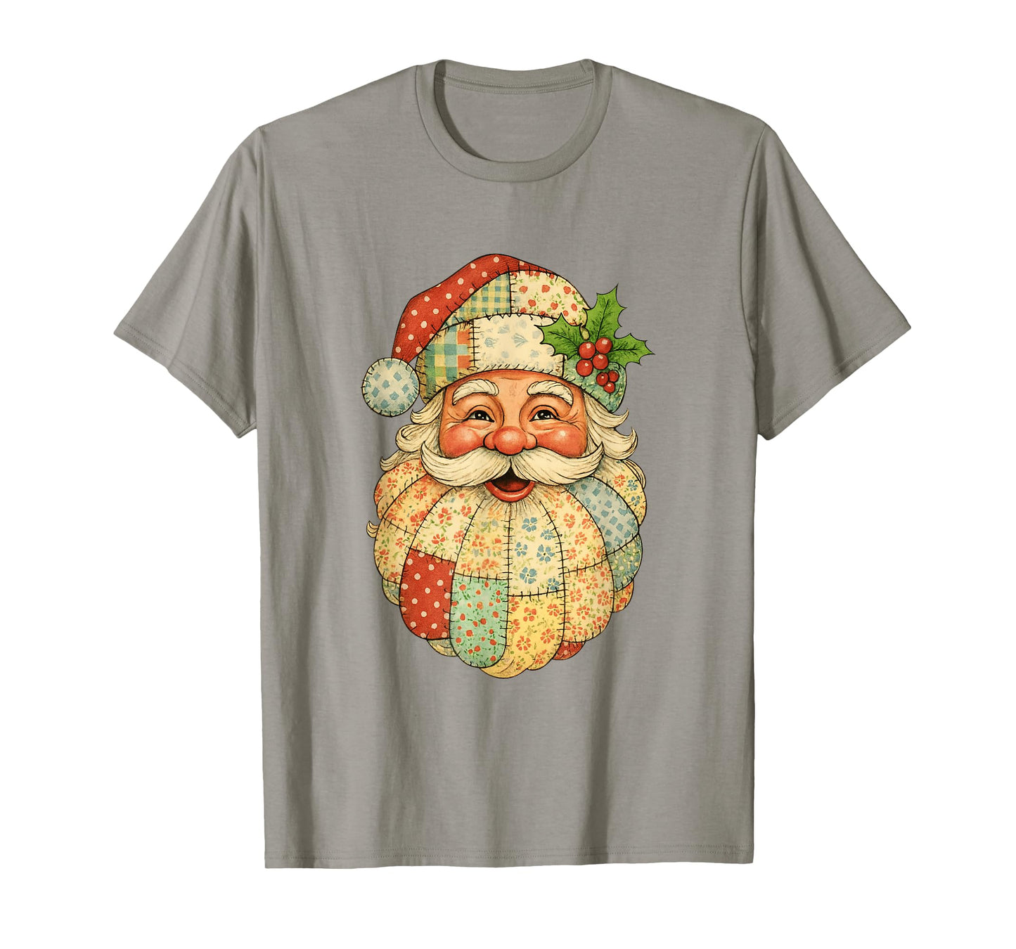 Retro Graphic Patchwork Santa Claus Face Preppy Xmas Pajama T-Shirt