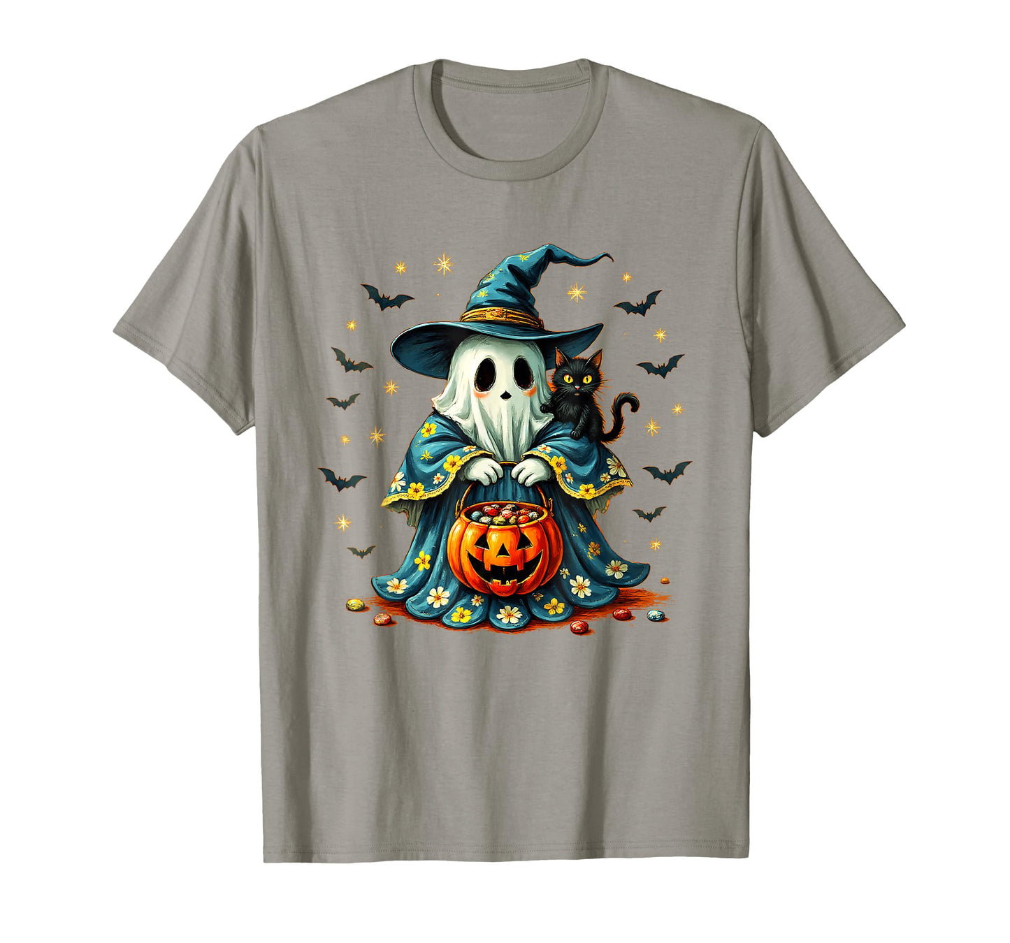 Vintage Halloween Ghost Holding Black Cat Groovy Floral T-Shirt