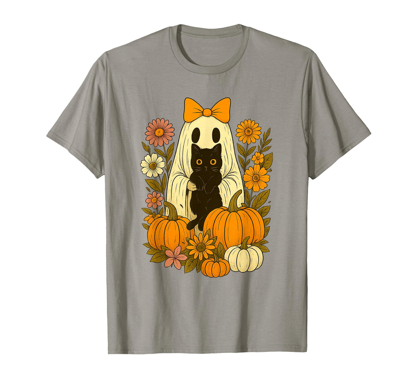 Vintage Cute Halloween Ghost Holding Cat Groovy Floral T-Shirt