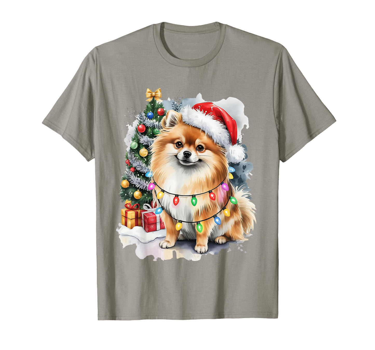 Cute Santa Pomeranian Dog Tangled in Christmas Lights Winter T-Shirt