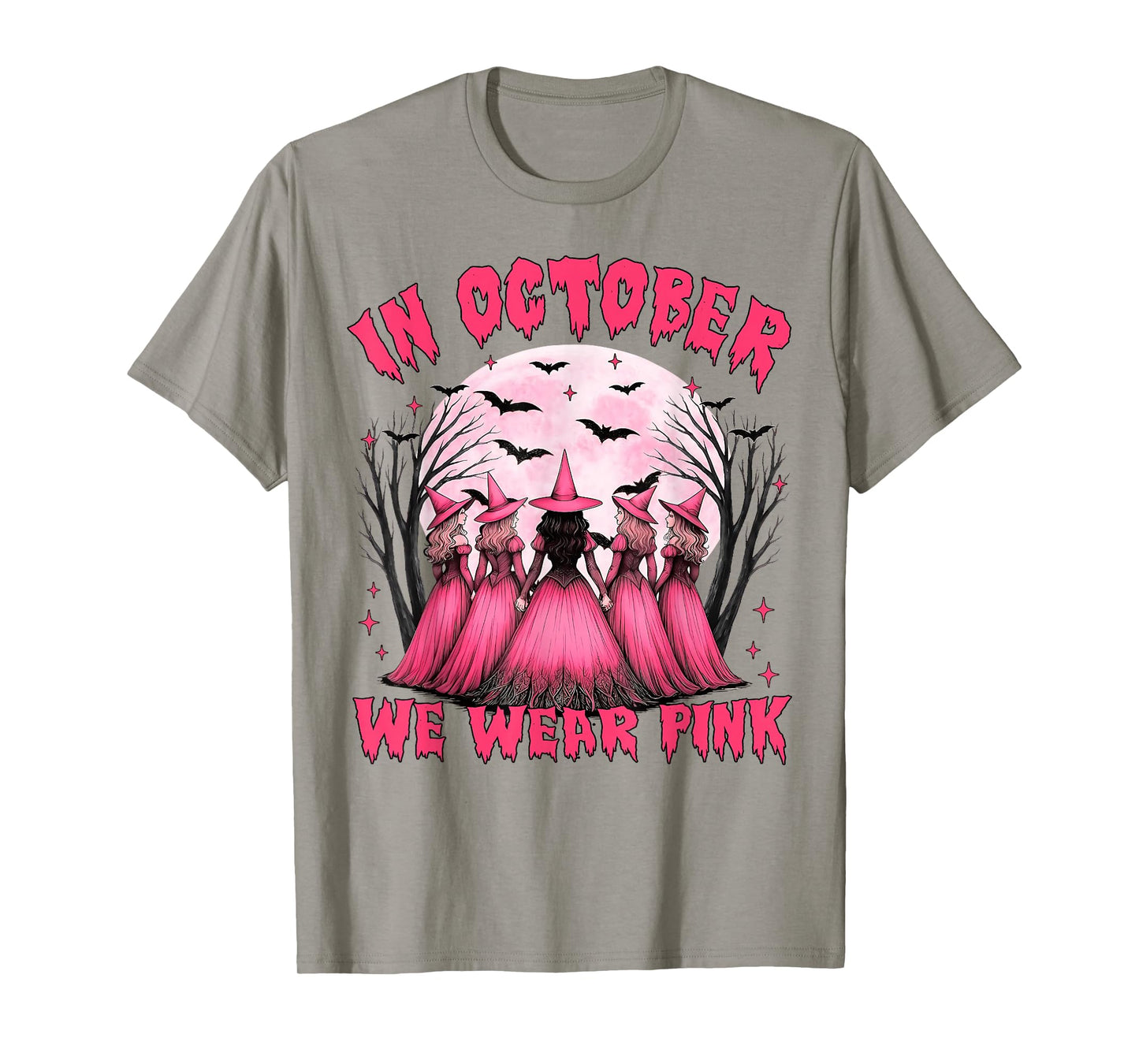 in October We Wear Pink Witch Halloween Breast Cancer Women T-Shirt