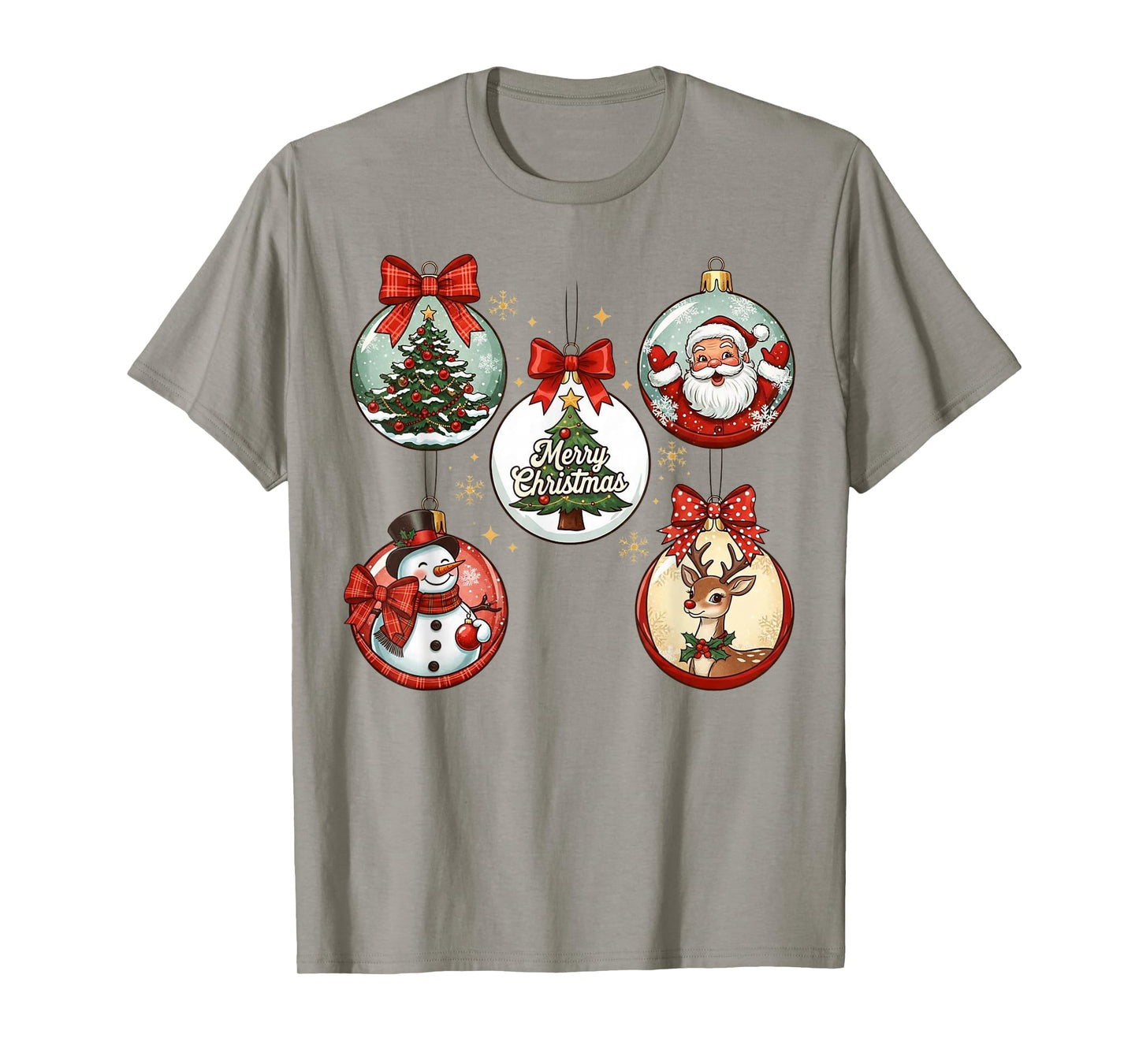 Santa Reindeer Snowman and Tree Merry Christmas Ornament T-Shirt