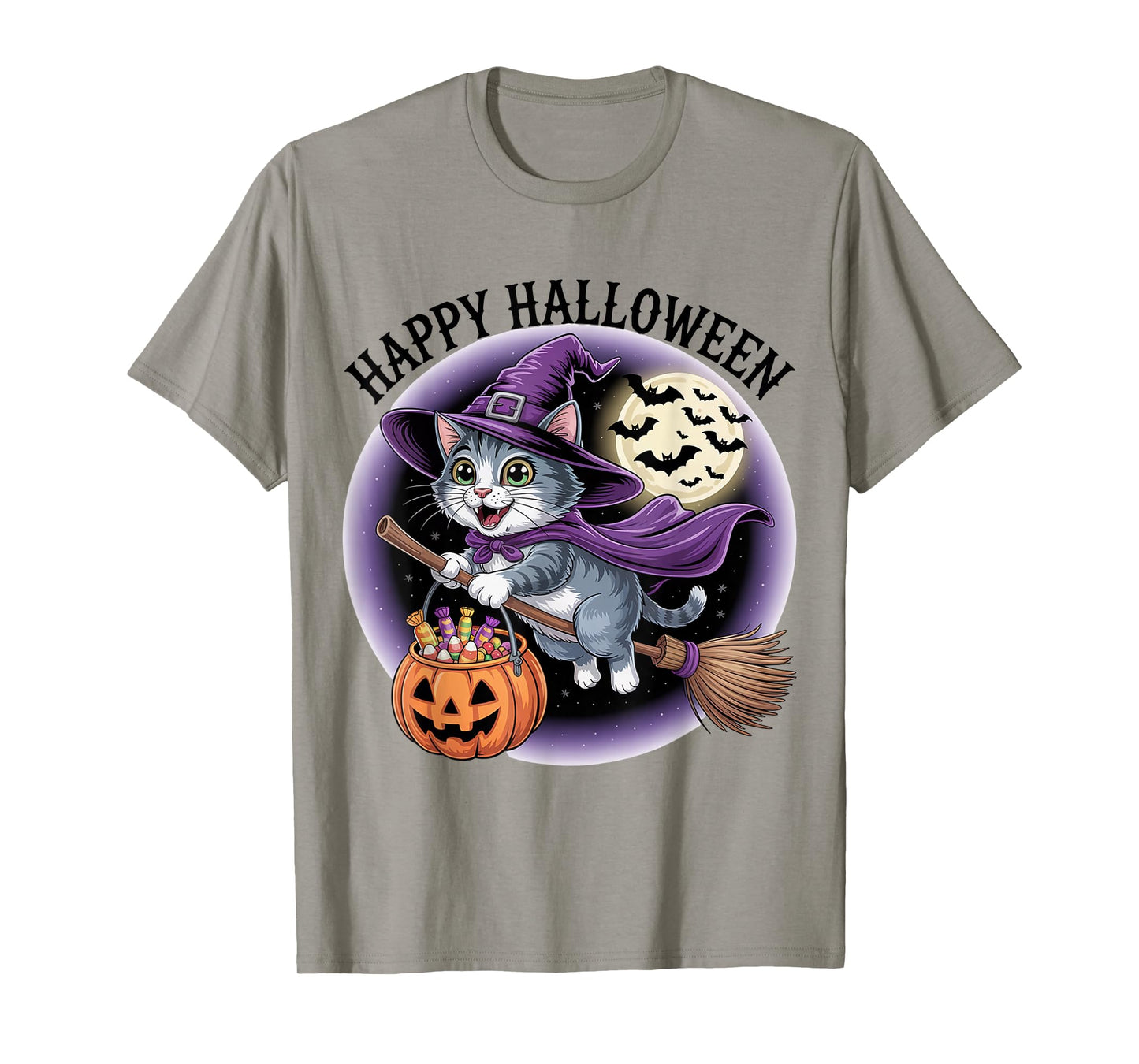 Halloween Witch Cat Flying on Broom with Pumpkin T-Shirt