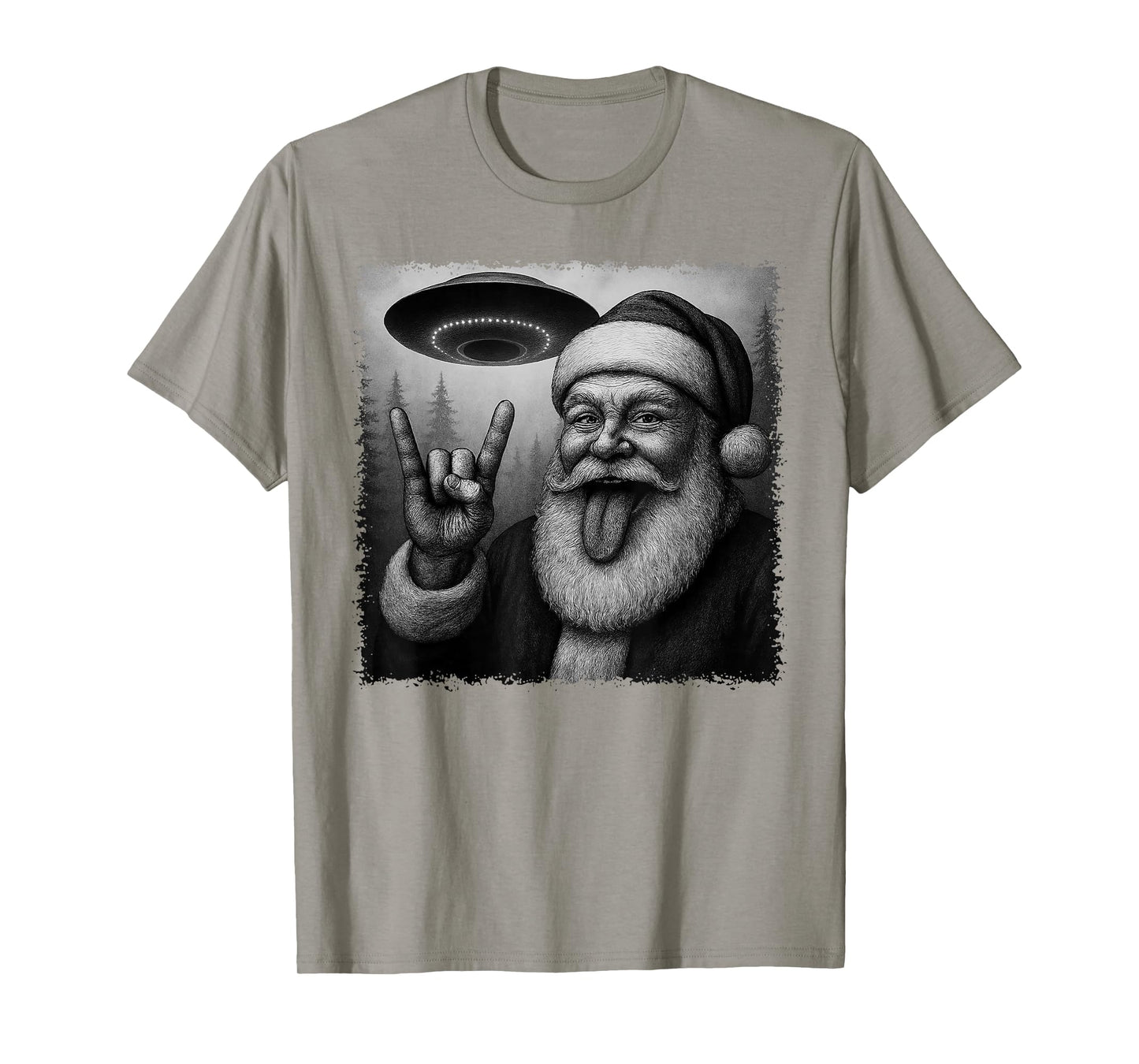 Retro Funny Christmas Santa Rock On Selfie with UFO Alien T-Shirt