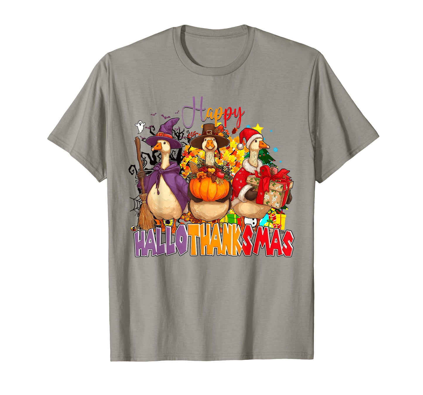 Happy Hallothanksmas Goose Halloween Thanksgiving Christmas T-Shirt