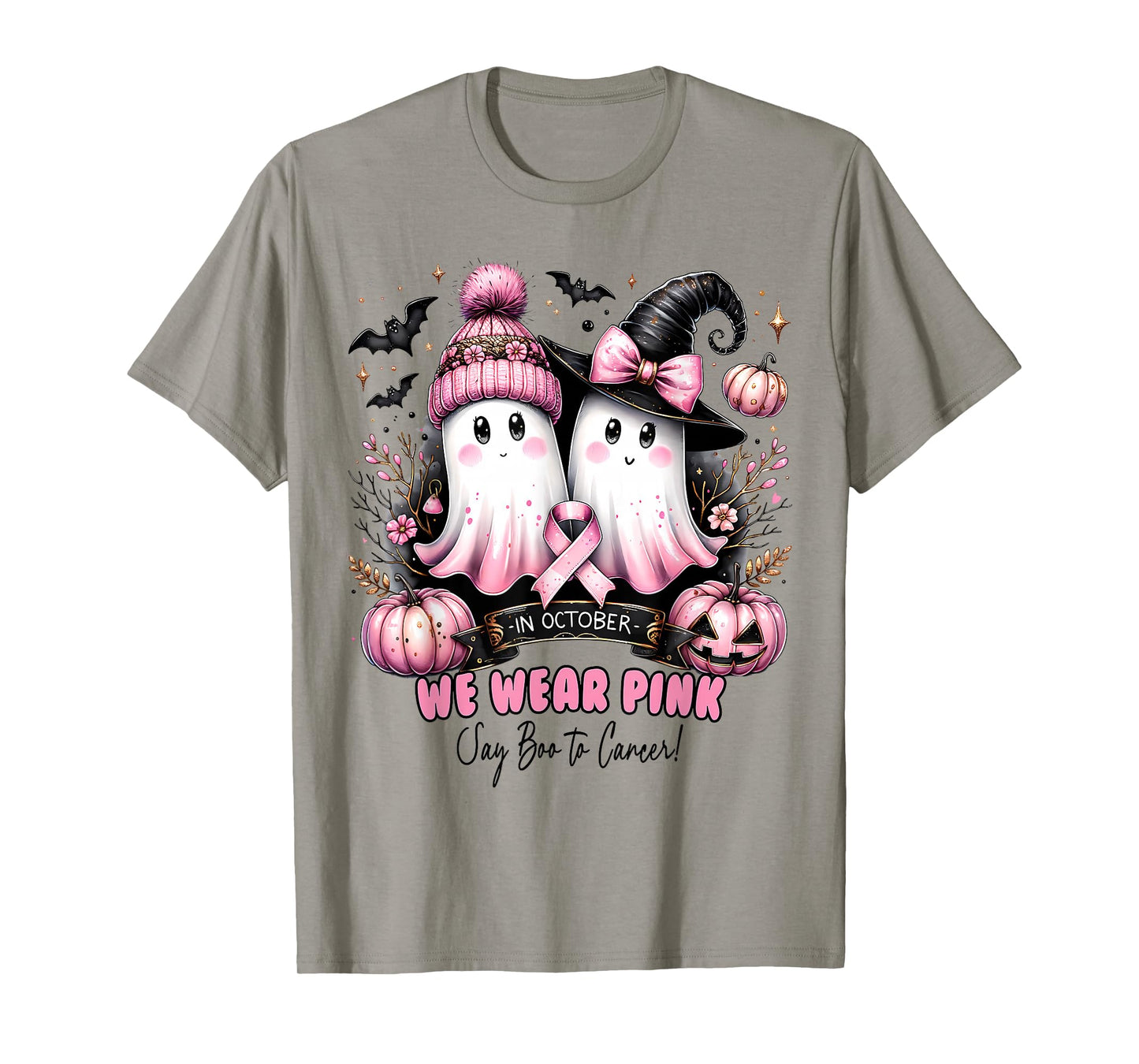in October We Wear Pink Ghost Witch Breast Cancer Awareness T-Shirt