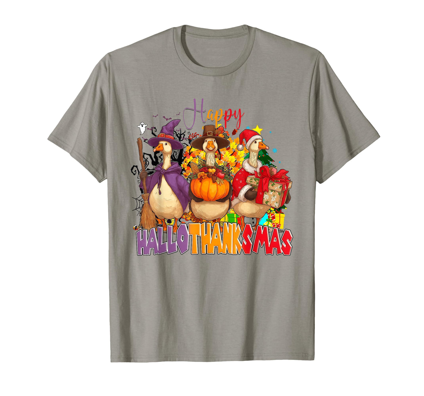 Happy Hallothanksmas Gooses Halloween Thanksgiving Christmas T-Shirt