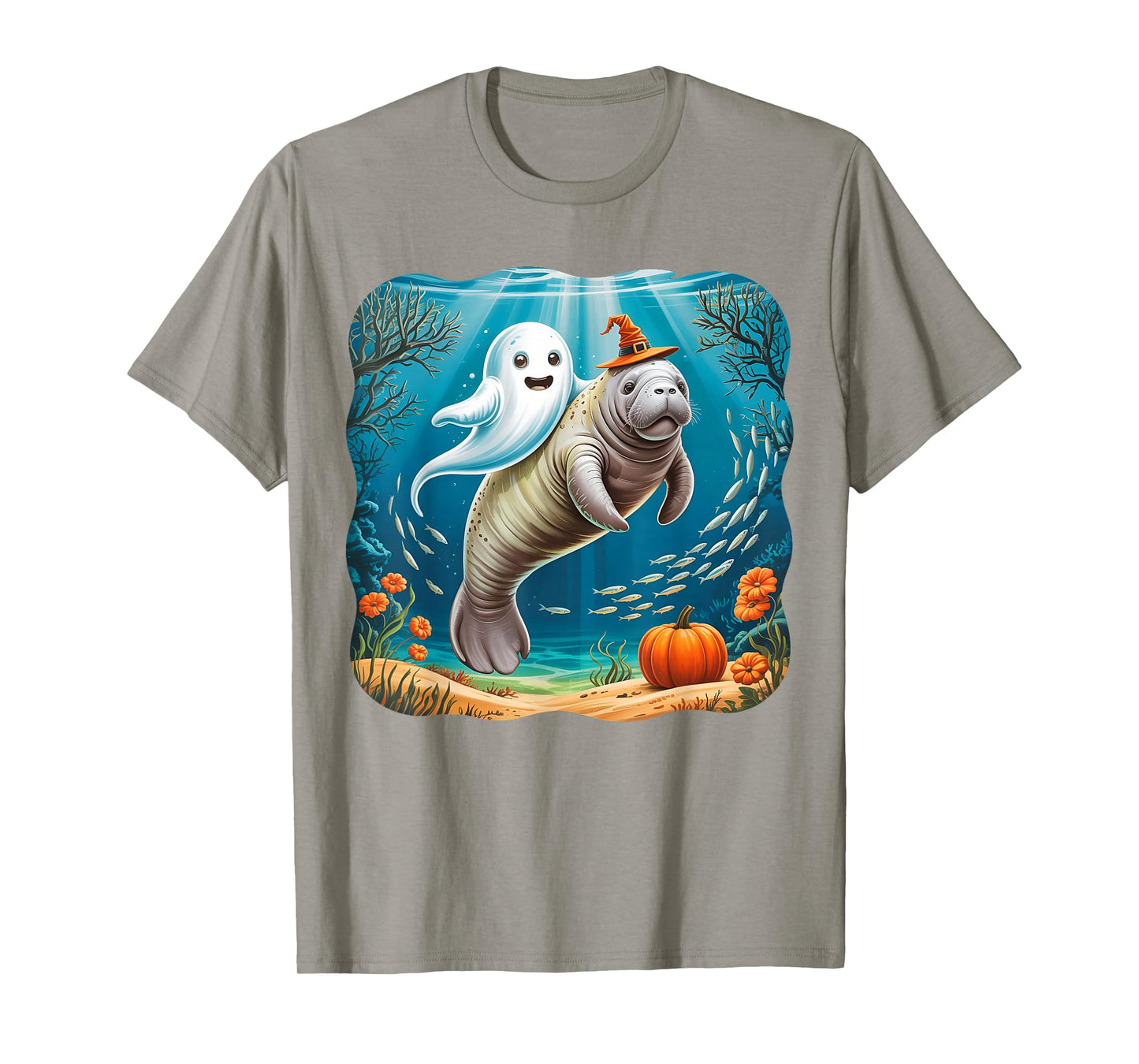 Funny Ghost Manatee Witch Hat Pumpkin Halloween Costume T-Shirt