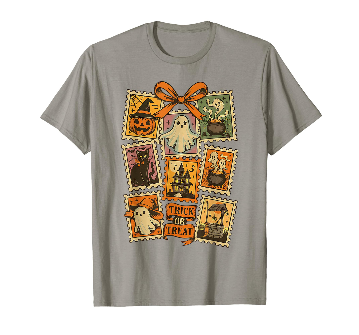 Halloween Stamp Spooky Ghost Boo Pumpkin Coquette Bow Retro T-Shirt