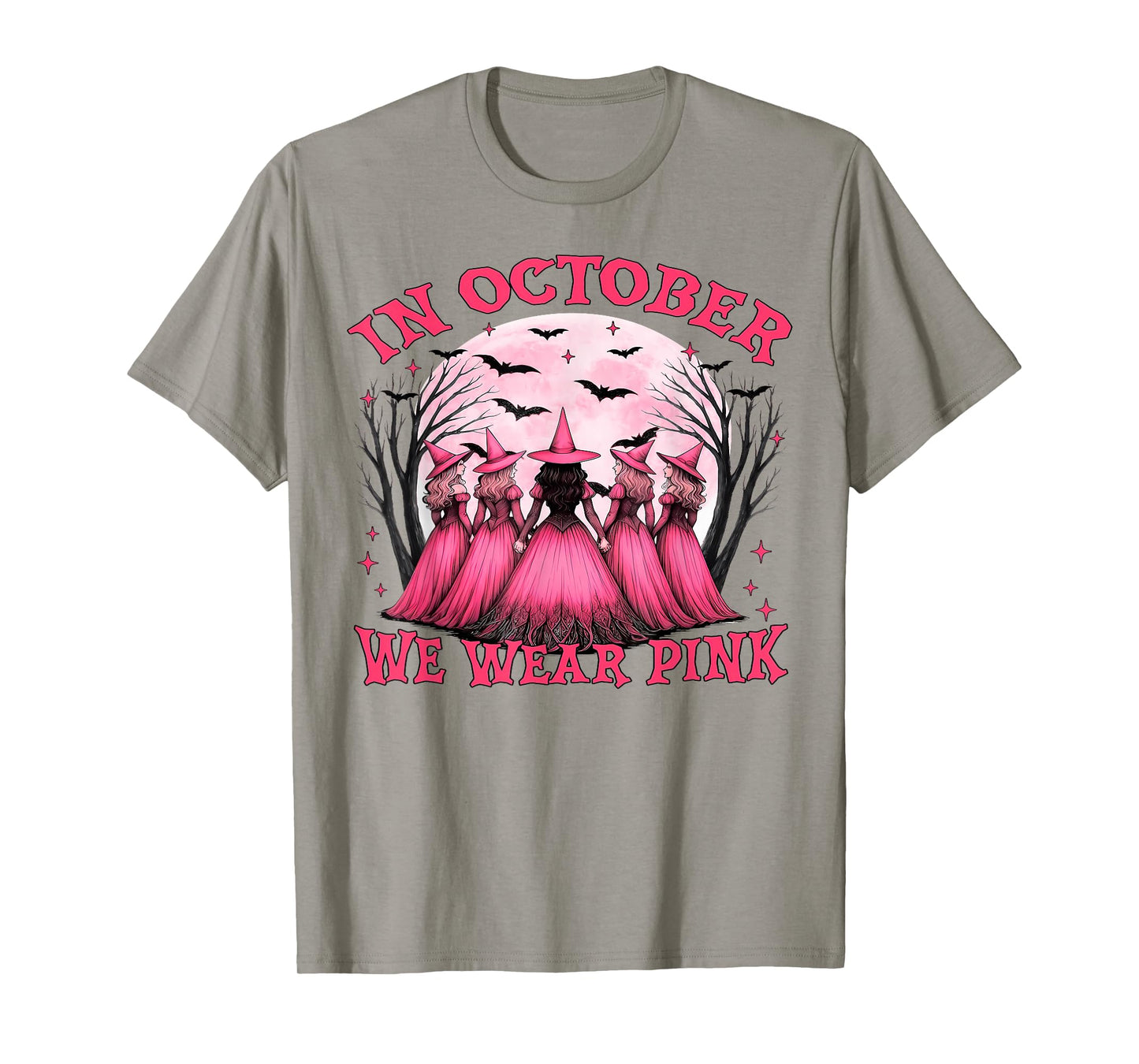 in October We Wear Pink Witch Halloween Breast Cancer Women T-Shirt