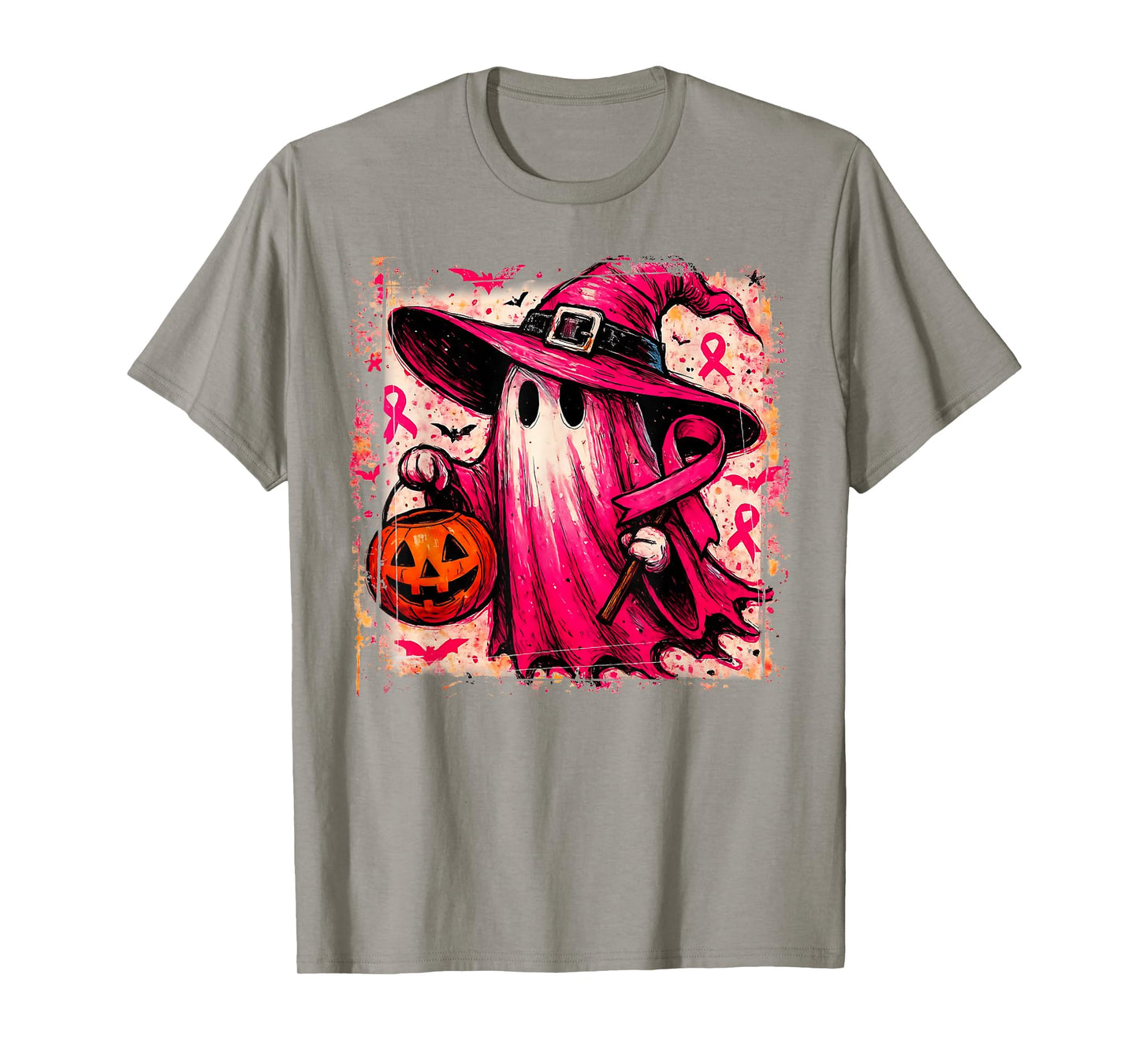in October We Wear Pink Ghost Witch Breast Cancer Awareness T-Shirt