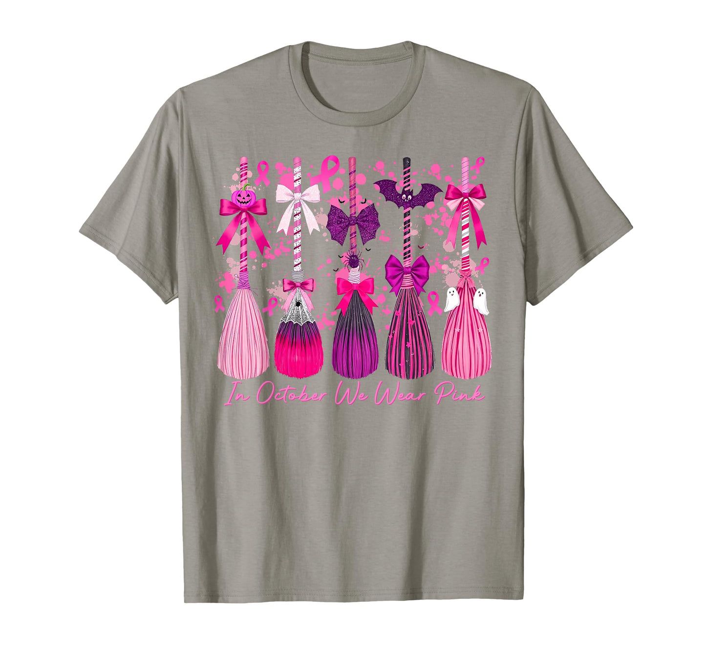 in October We Wear Pink Witch Broom Breast Cancer Halloween T-Shirt
