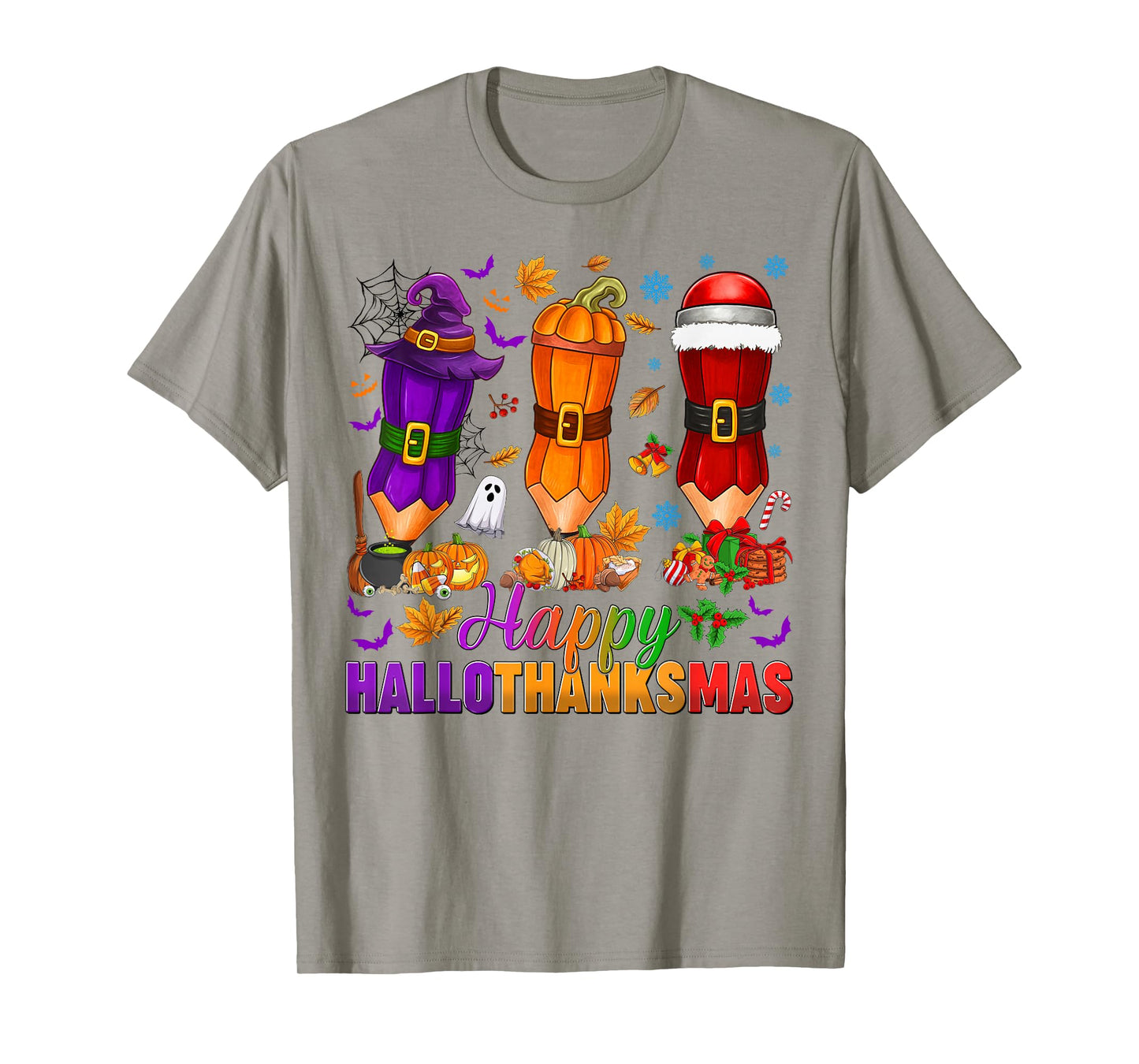 Happy Hallothanksmas Halloween Thanksgiving Pencils Teachers T-Shirt