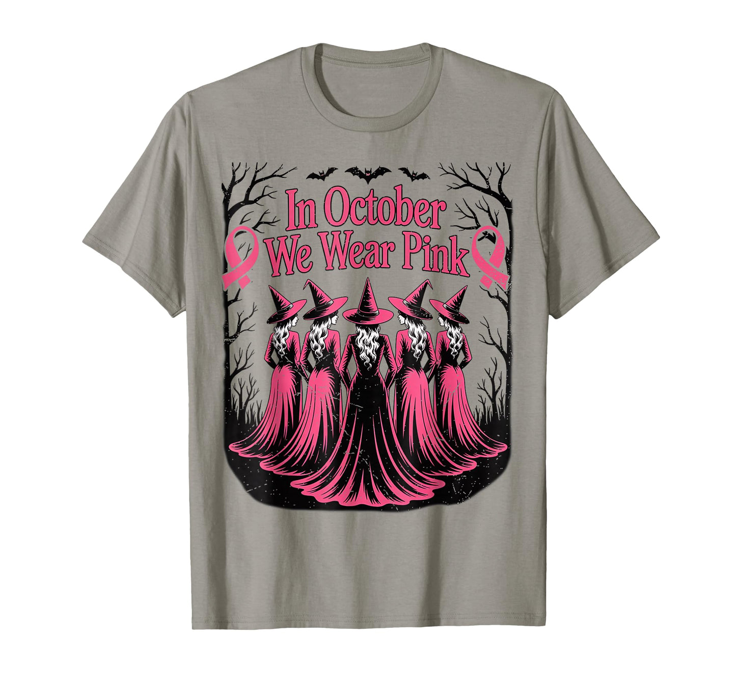 in October We Wear Pink Ghost Witch Breast Cancer Awareness T-Shirt