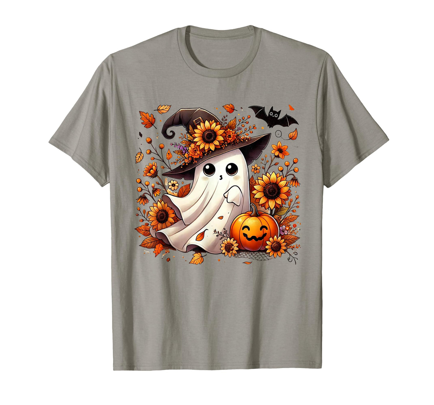 Cute Ghost with Sunflowers and Pumpkin Halloween T-Shirt
