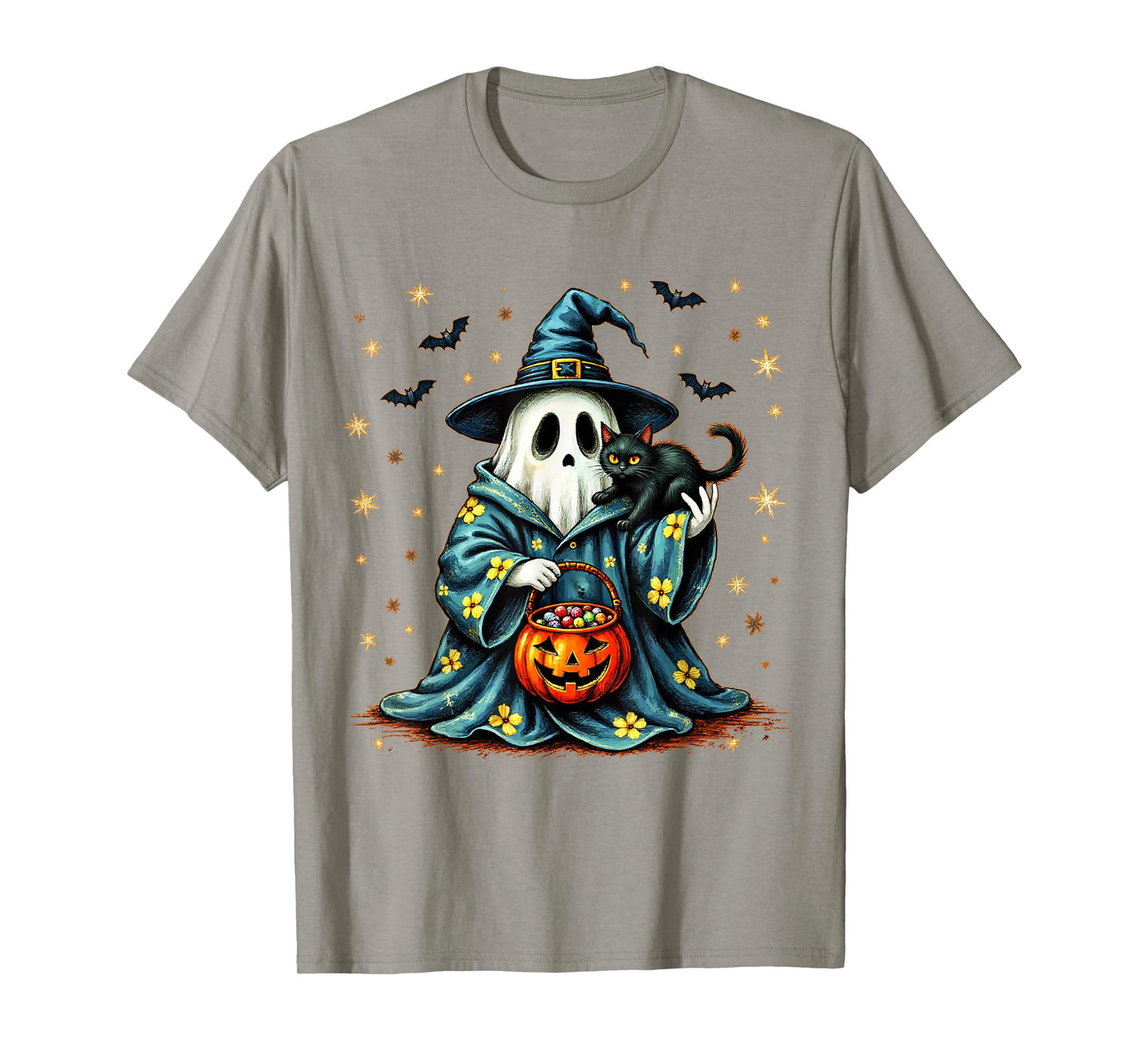 Halloween 2025 Ghost Holding Black Cat Groovy Floral Vintage T-Shirt