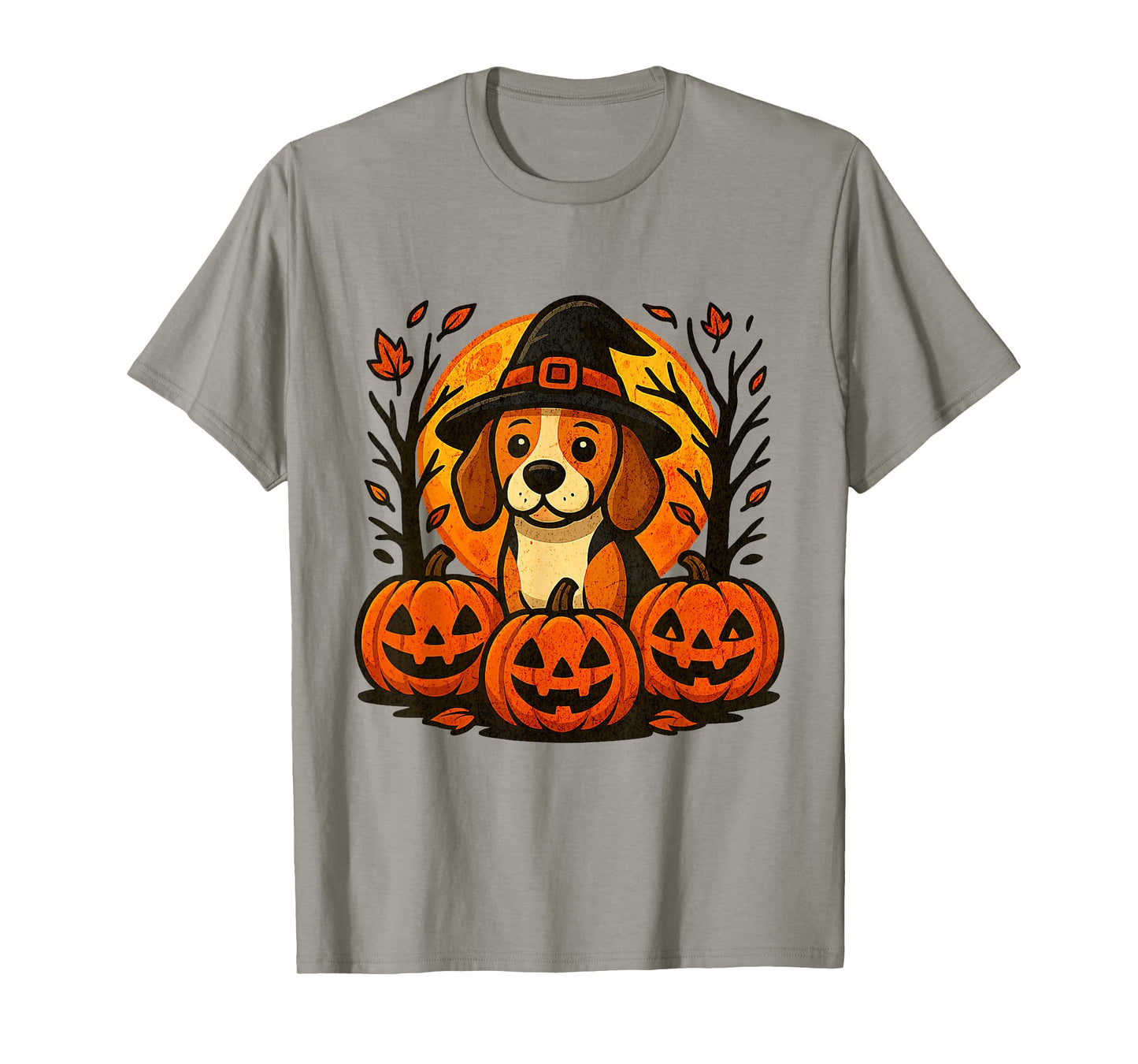Halloween Cute Beagle Witch Hat Pumpkins Autumn Leaves T-Shirt