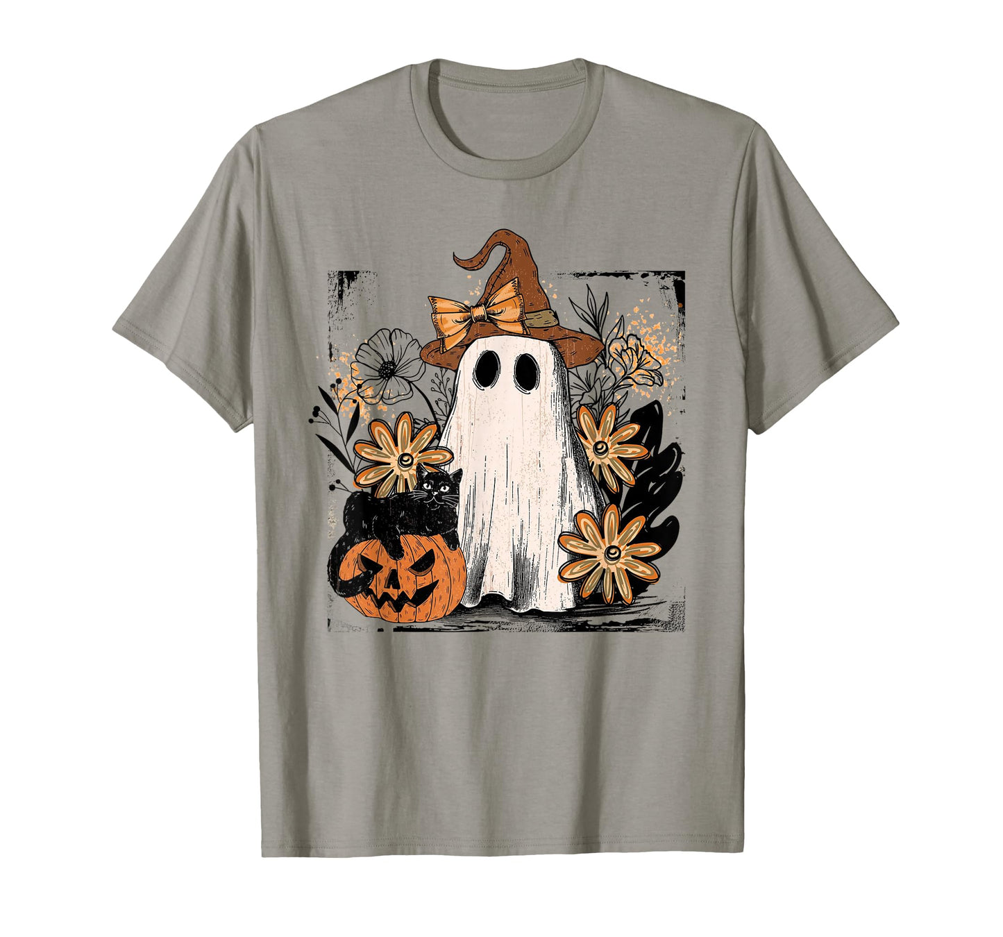 Retro Halloween Floral Ghost Witch Pumpkin & Black Cat T-Shirt