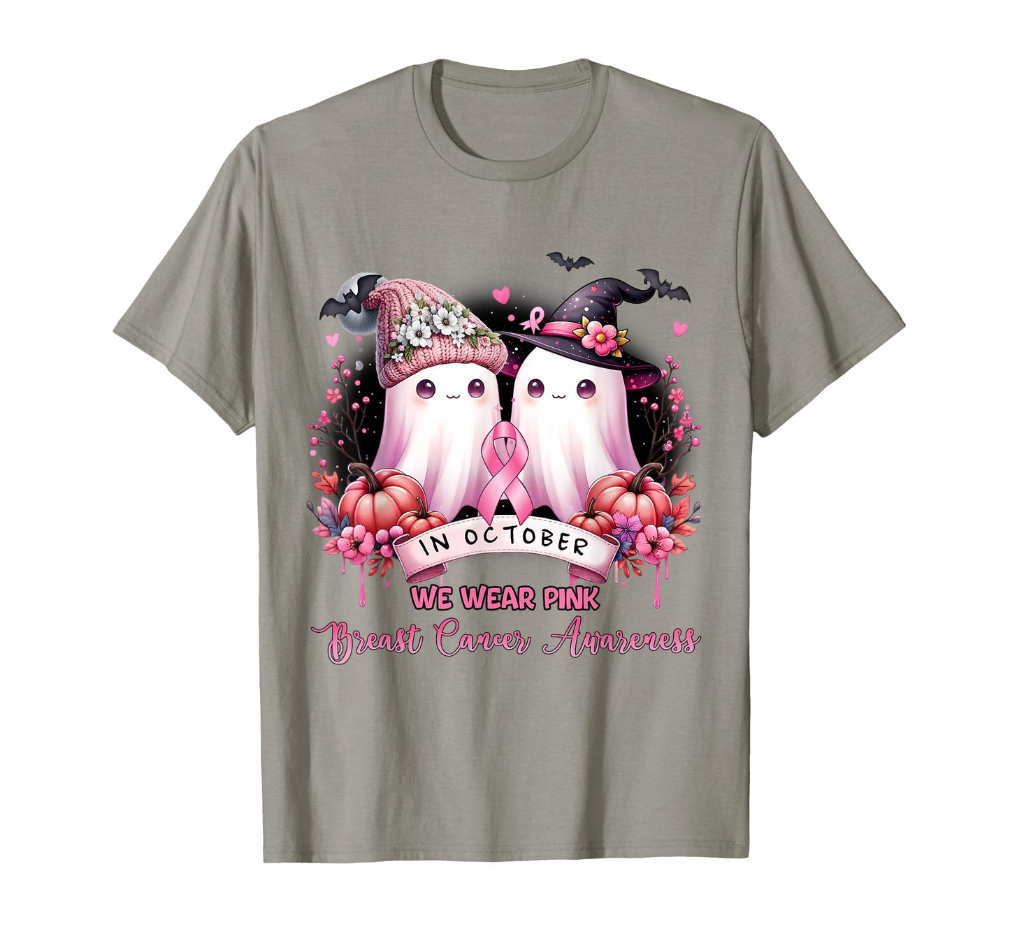 in October We Wear Pink Ghost Witch Halloween Breast Cancer T-Shirt
