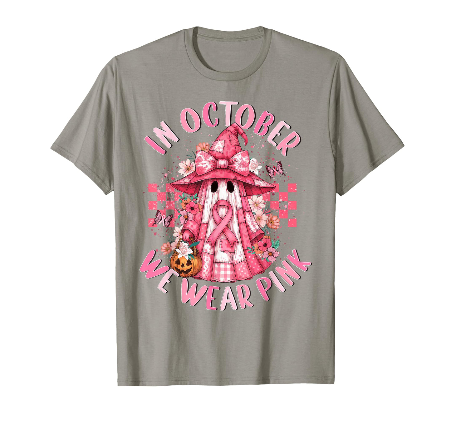 in October We Wear Pink Ghost Witch Breast Cancer Awareness T-Shirt