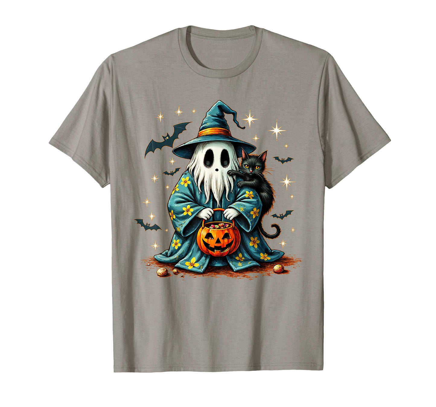 Halloween 2025 Ghost Holding Black Cat Groovy Floral Vintage T-Shirt