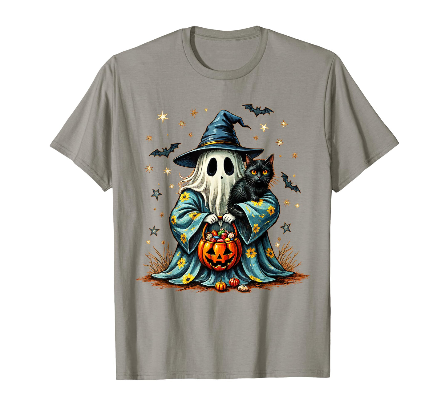 Halloween 2025 Ghost Holding Black Cat Groovy Floral Vintage T-Shirt