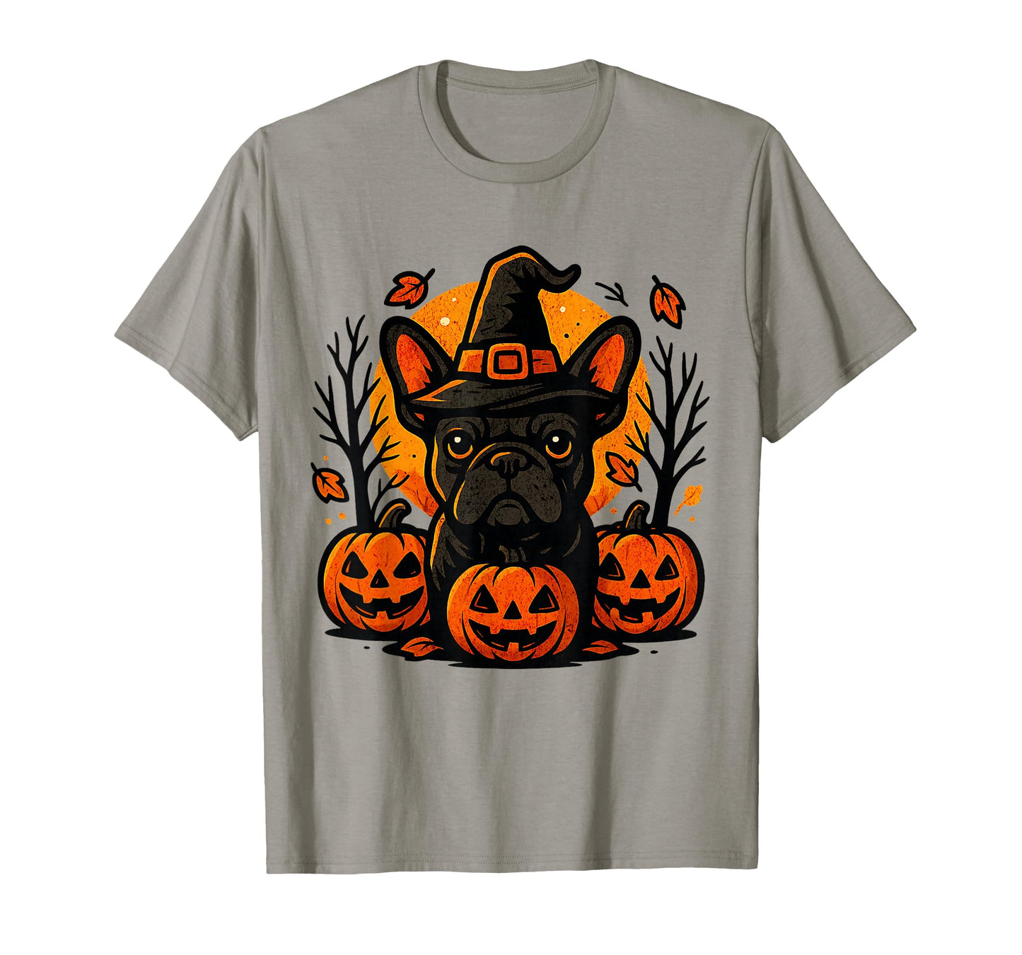 Halloween French Bulldog Witch Hat Pumpkins Autumn Leaves T-Shirt