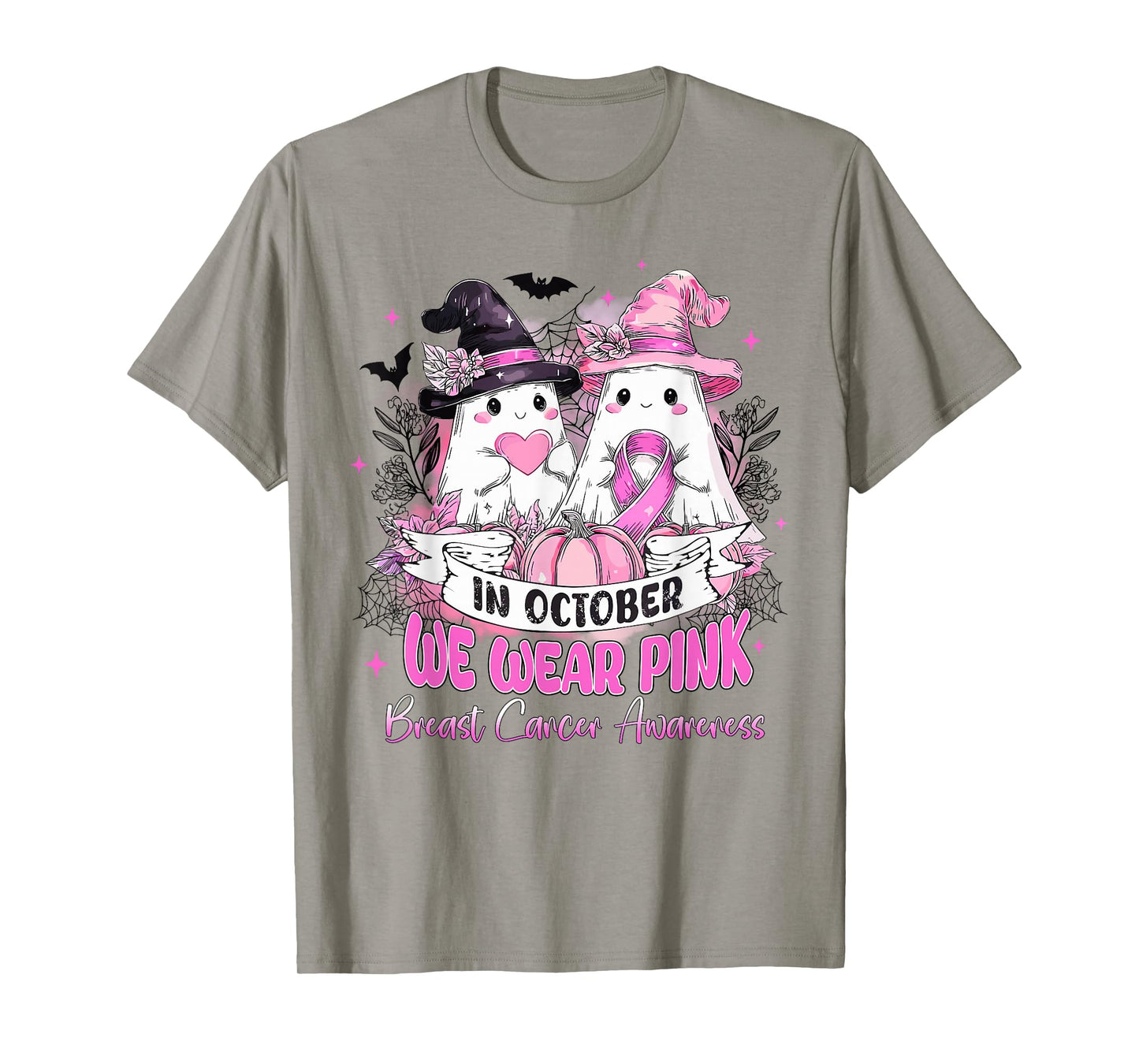 in October We Wear Pink Ghost Witch Breast Cancer Awareness T-Shirt