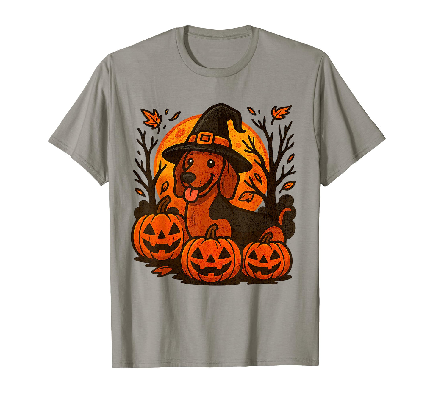 Halloween Dachshund Witch Hat Pumpkins Autumn Leaves T-Shirt