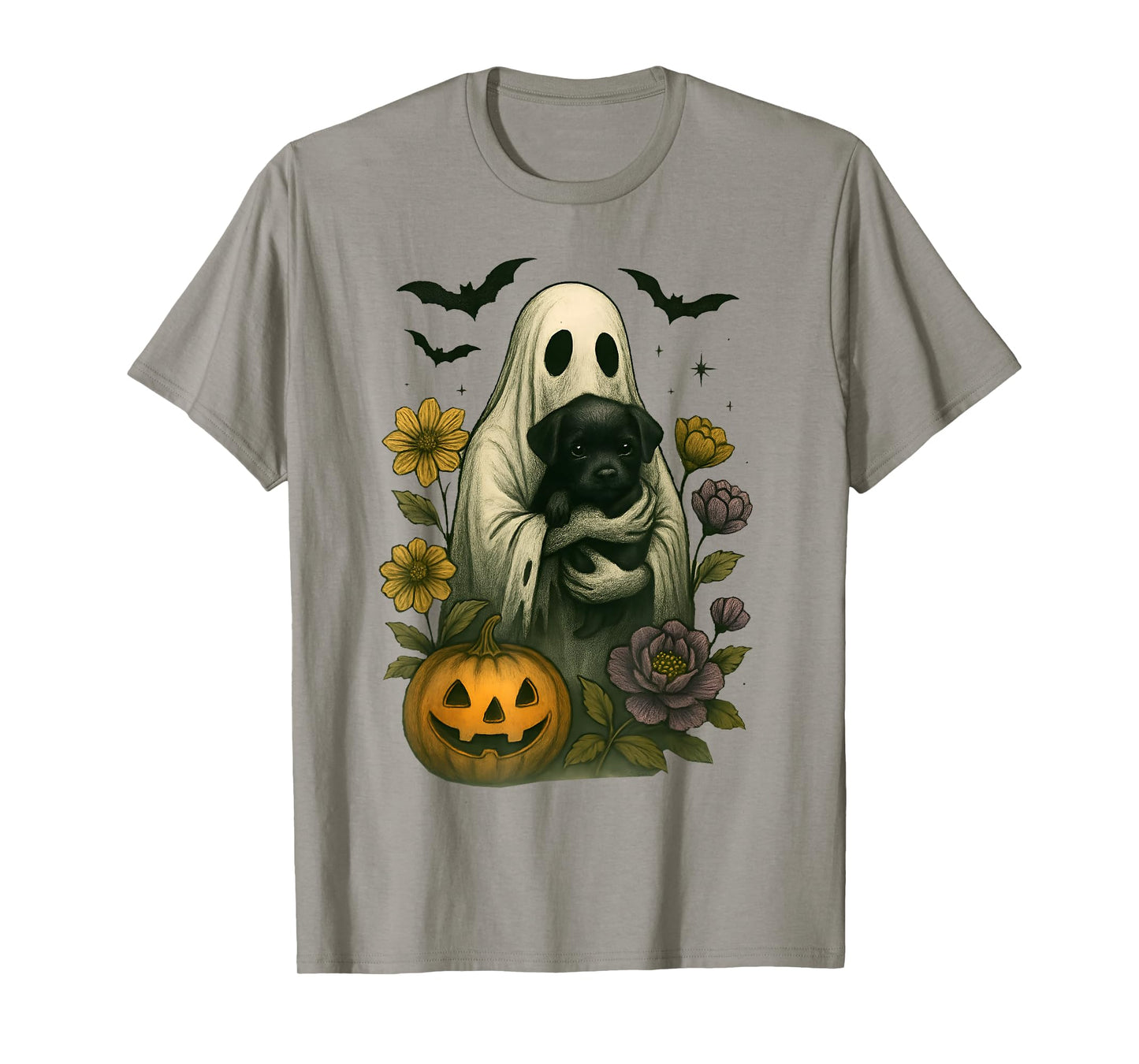 Floral Ghost Black Dog Coquette Funny Halloween Design T-Shirt
