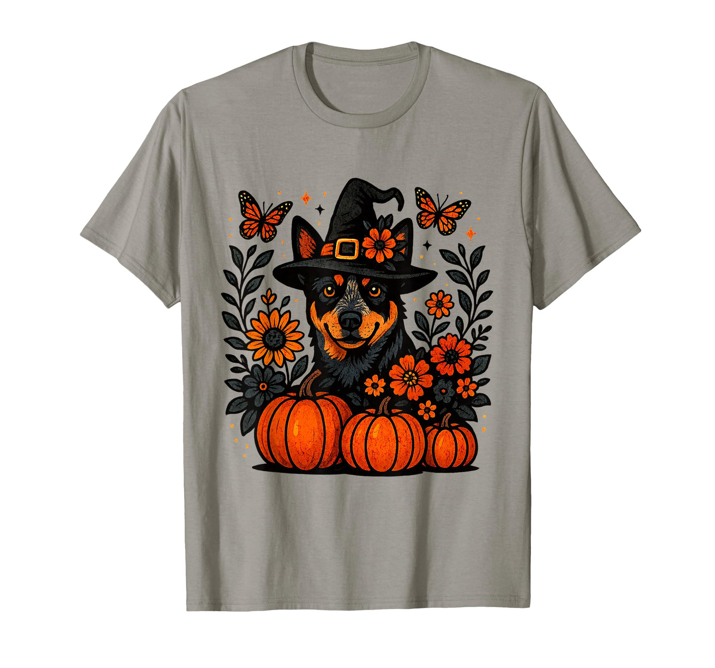 Halloween Blue Heeler Dog Witch Hat Pumpkins Autumn Flowers T-Shirt