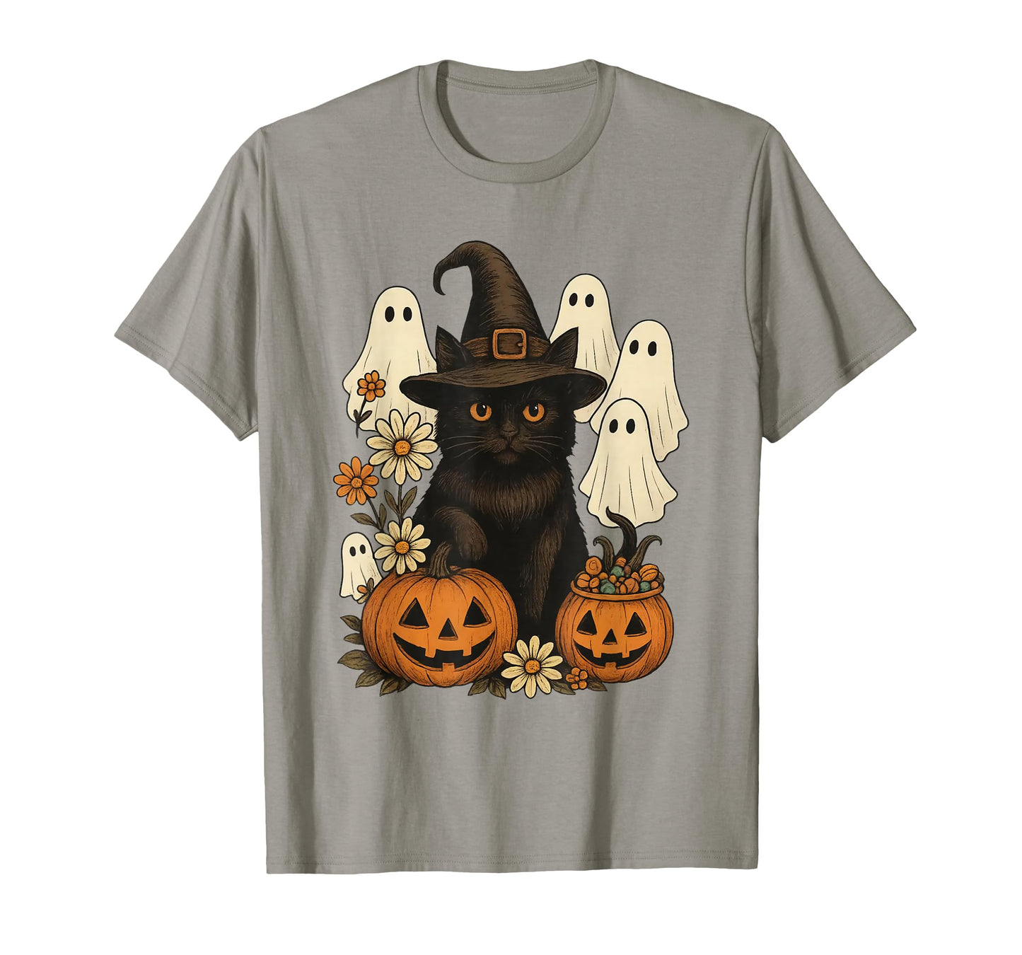 Retro Black Cat Witch Scary Halloween Pumpkin Women Men Kids T-Shirt