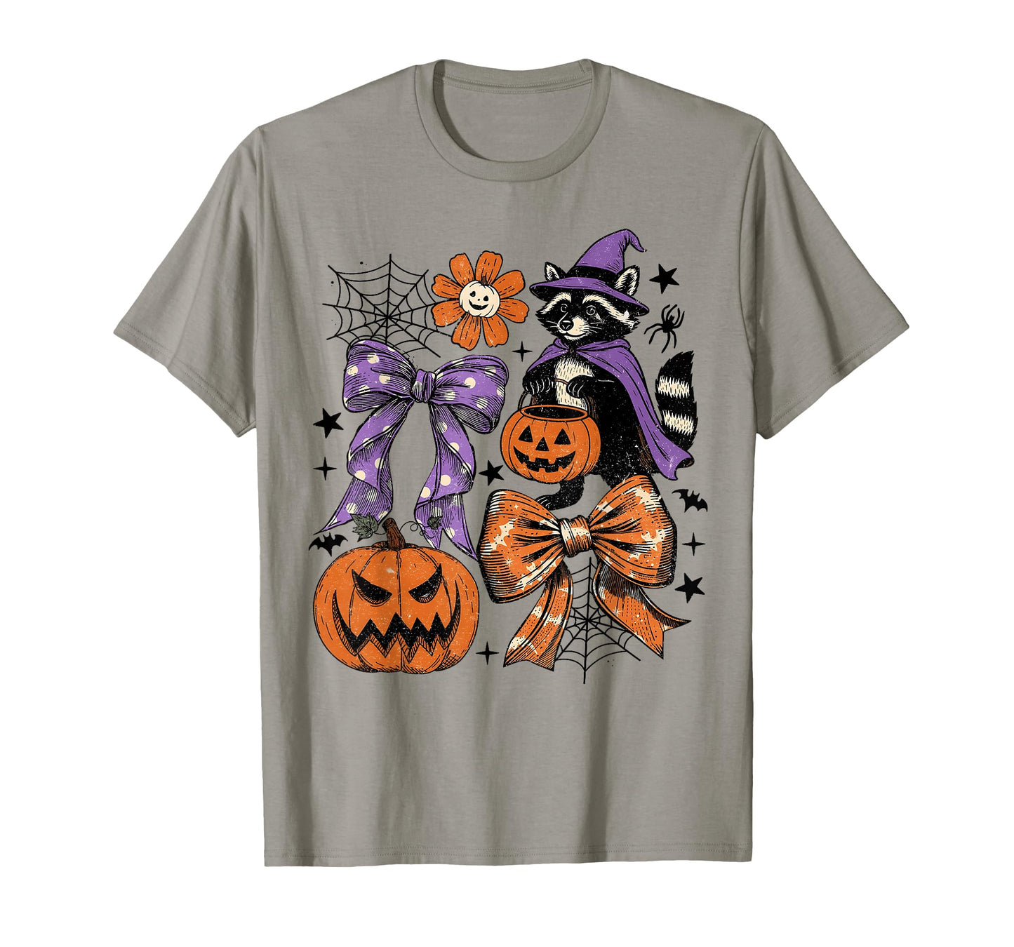 Vintage Halloween Raccoon Pumpkin Coquette Bow Spooky Season T-Shirt