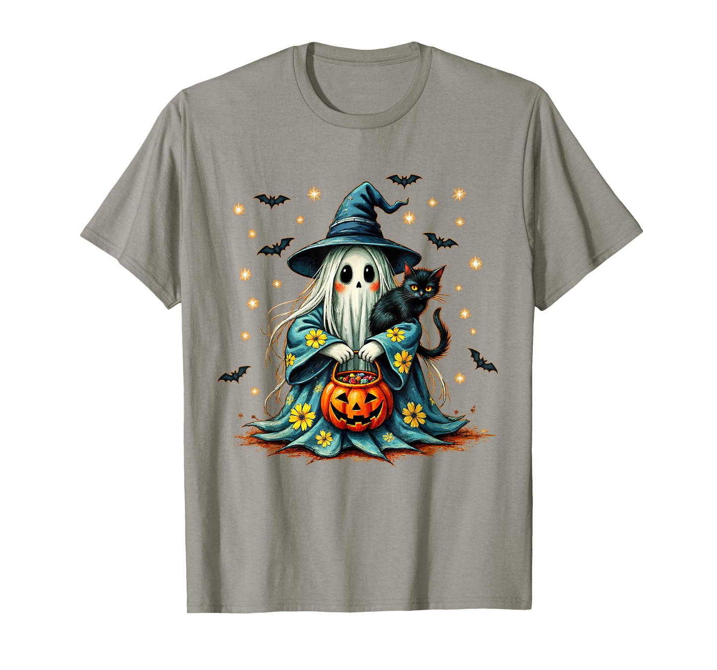 Halloween 2025 Ghost Holding Black Cat Groovy Floral Vintage T-Shirt